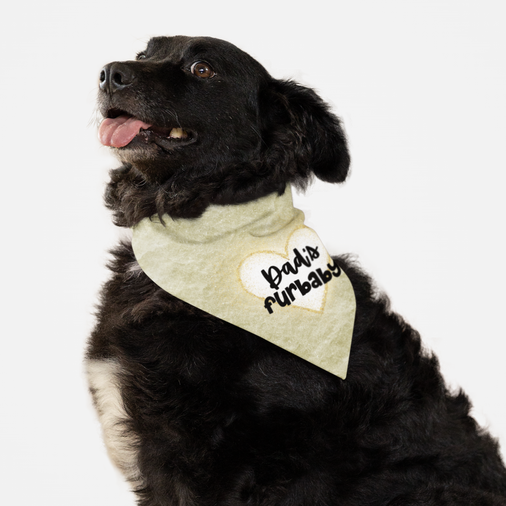 Dog wearing cute bandana with grunge background and glitter heart graphic saying Dad's Furbaby.