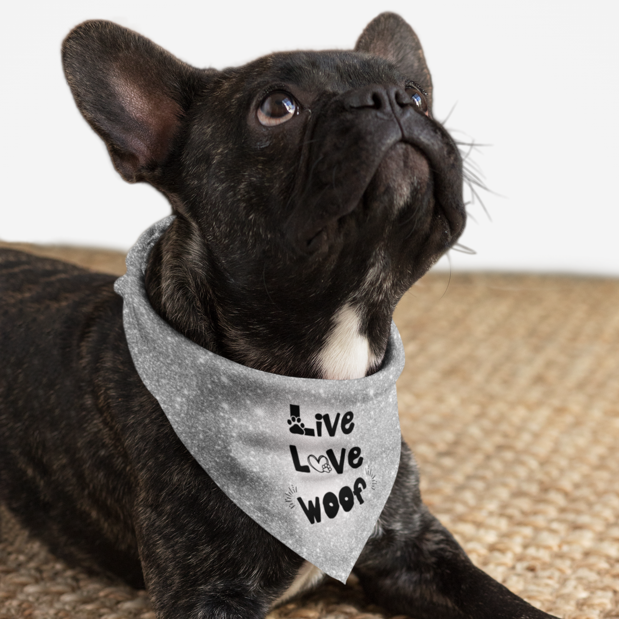 Dog wearing cute bandana with silver glitter print saying Live Love Woof.