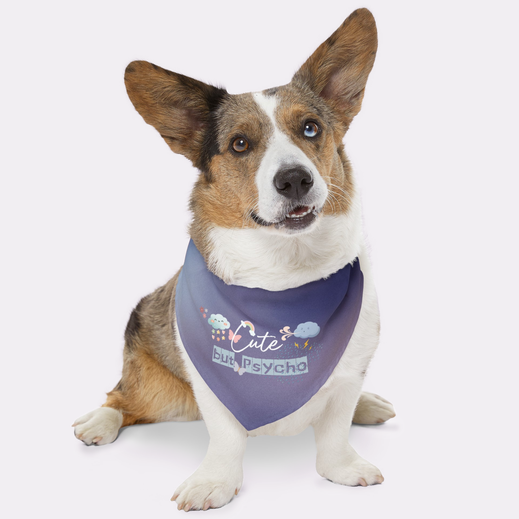 Dog wearing cute blue bandana saying Cute But Psycho.