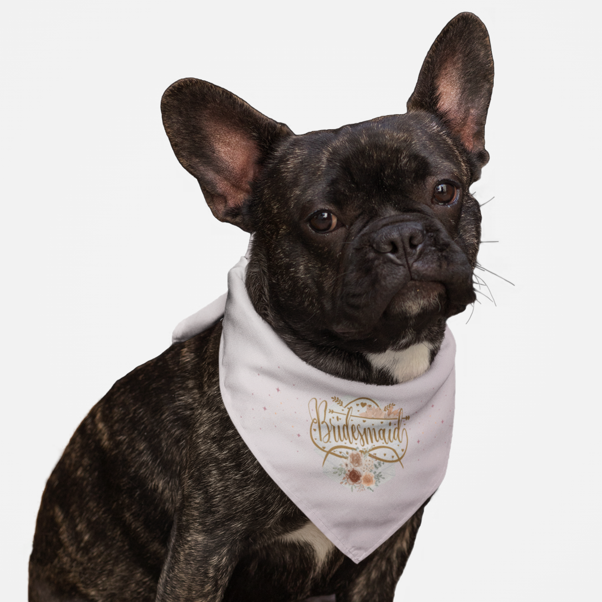 Dog wearing cute pink wedding bandana saying Bridesmaid.