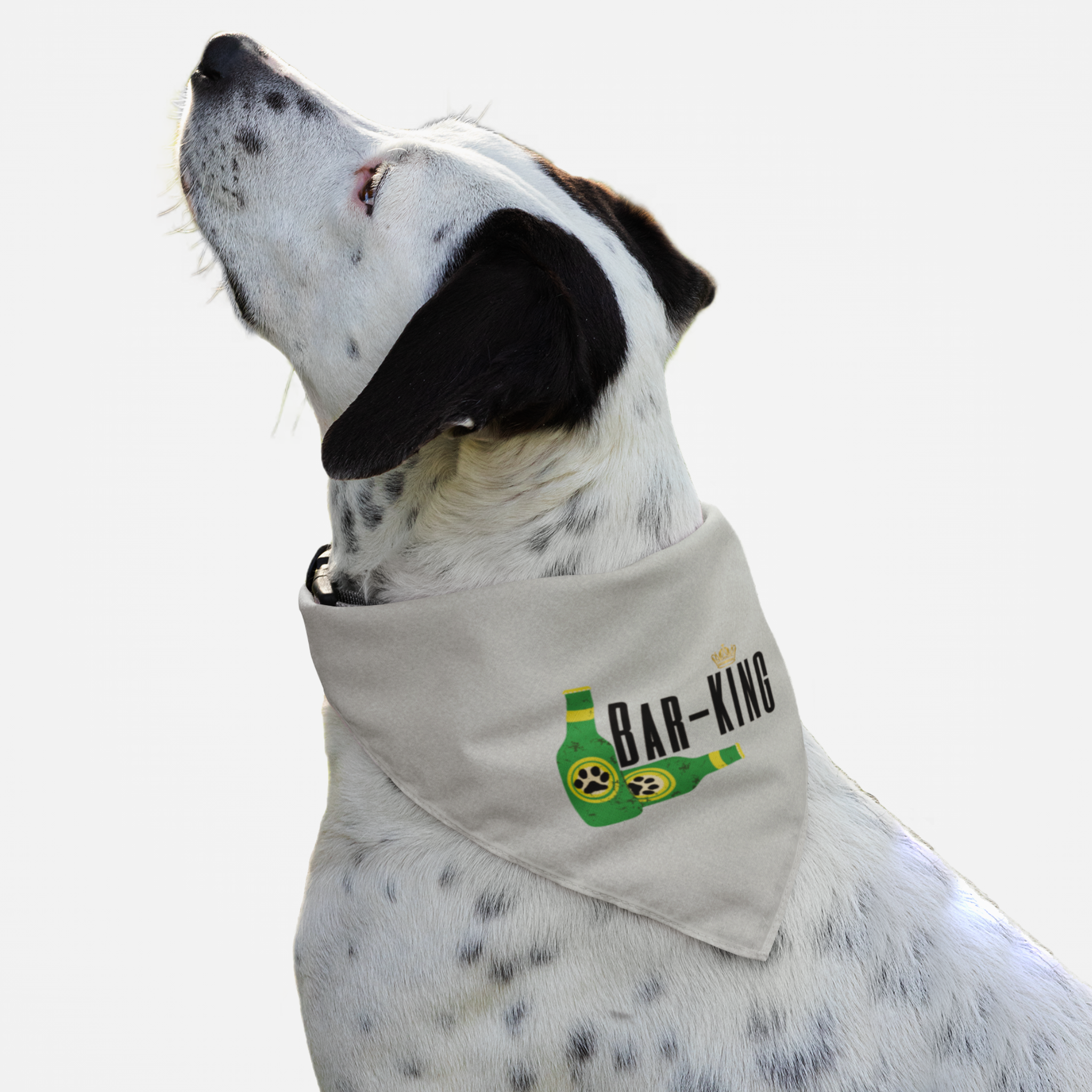 Dog wearing funny pun bandana saying "Bar-King."