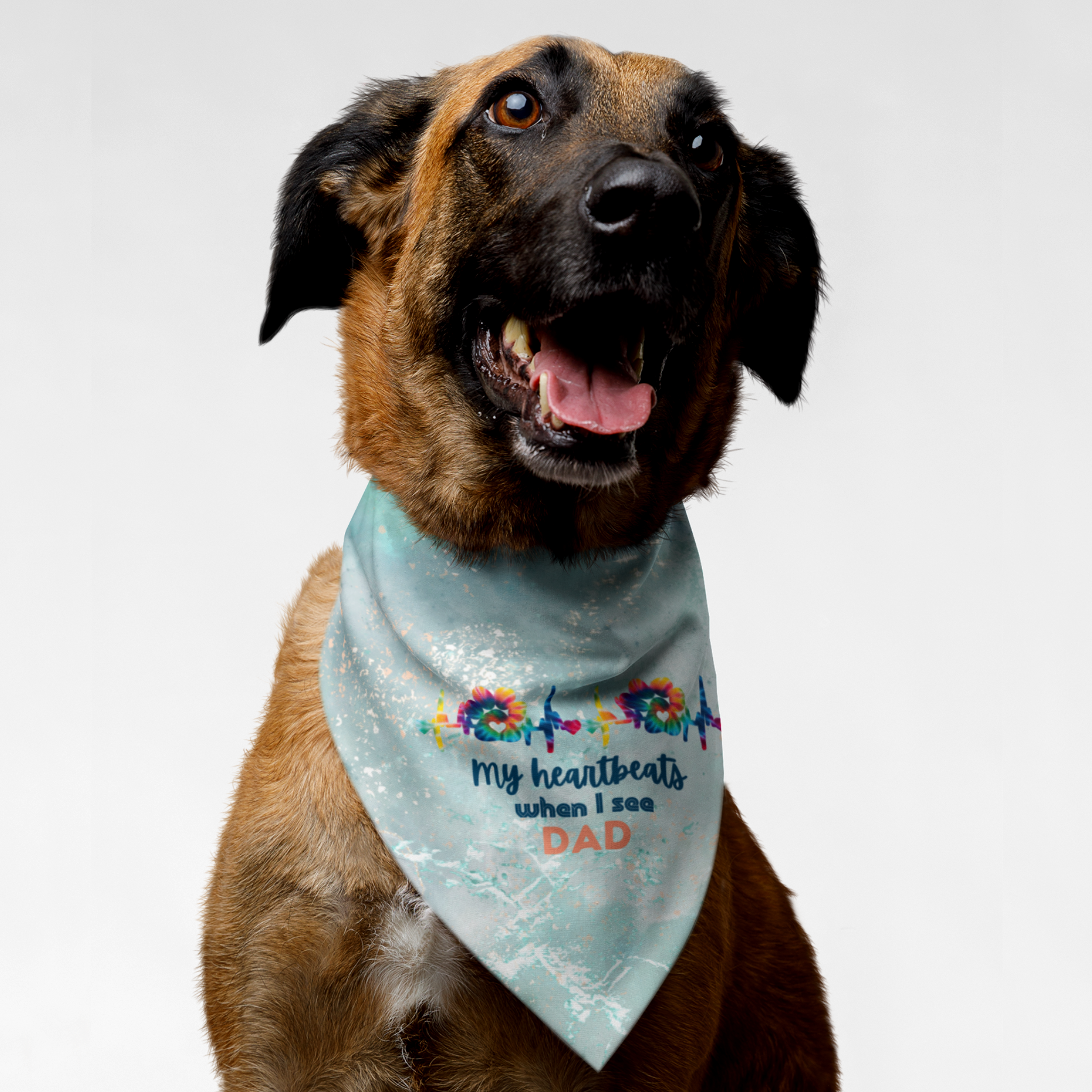 Dog with cute bandana that has a seawater background print featuring a paw heartbeat graphic and My Heartbeats When I See Dad quote.