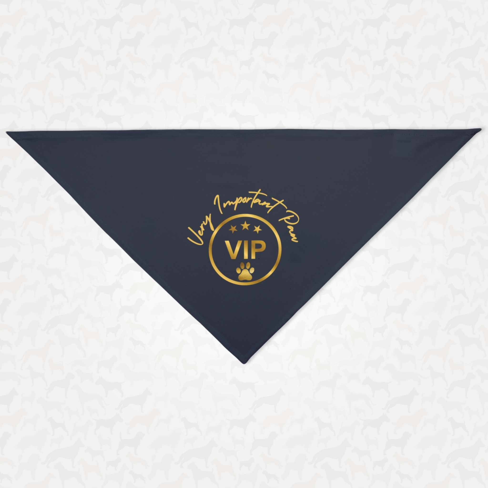 Funny blue dog bandana saying "VIP-Very Important Paw" in gold.