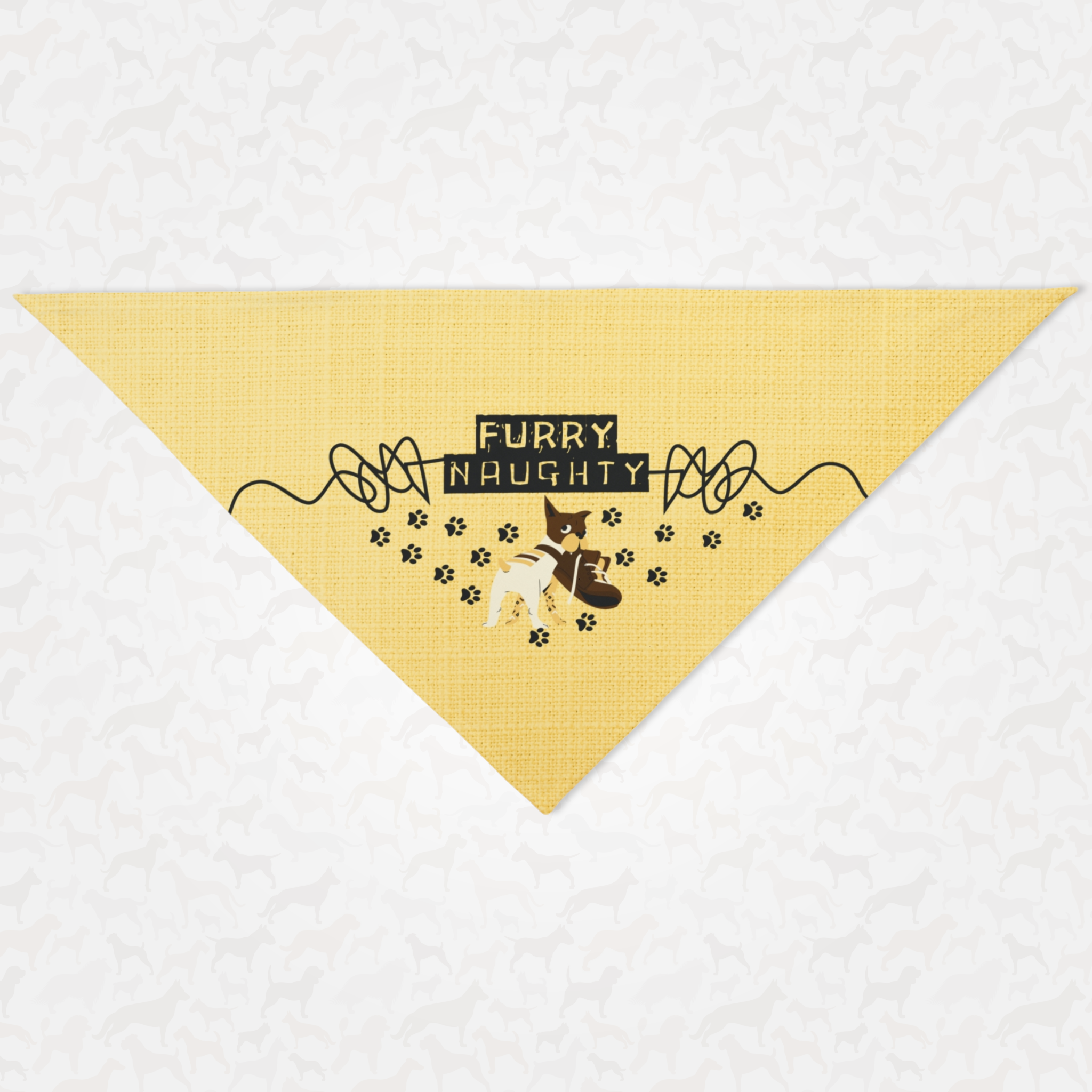 Funny dog bandana featuring a naughty dog graphic and "Furry Naughty" pun quote.