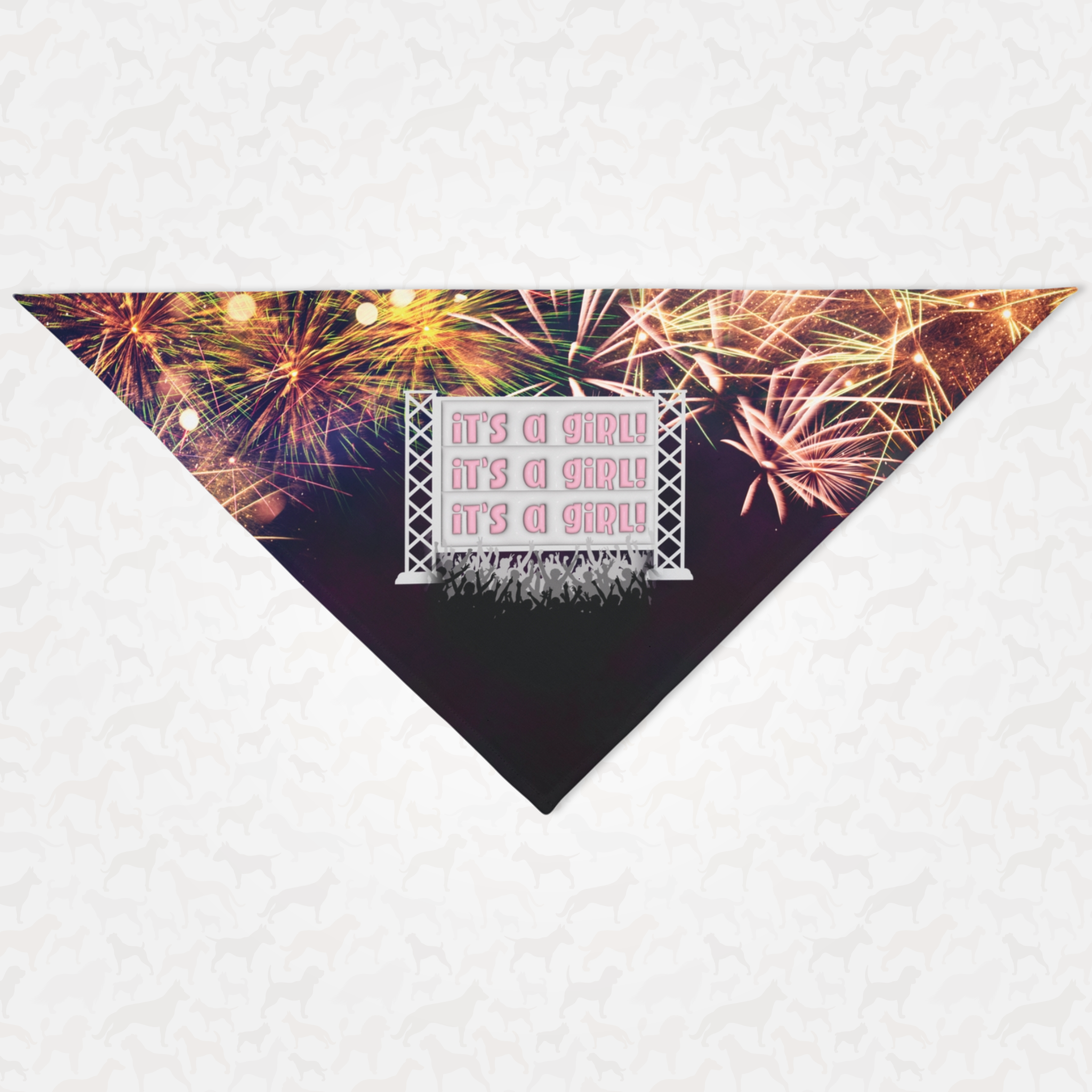 Funny pregnancy announcement dog bandana for gender reveals featuring a celebrating crowd graphic and "It's A Girl" quote.
