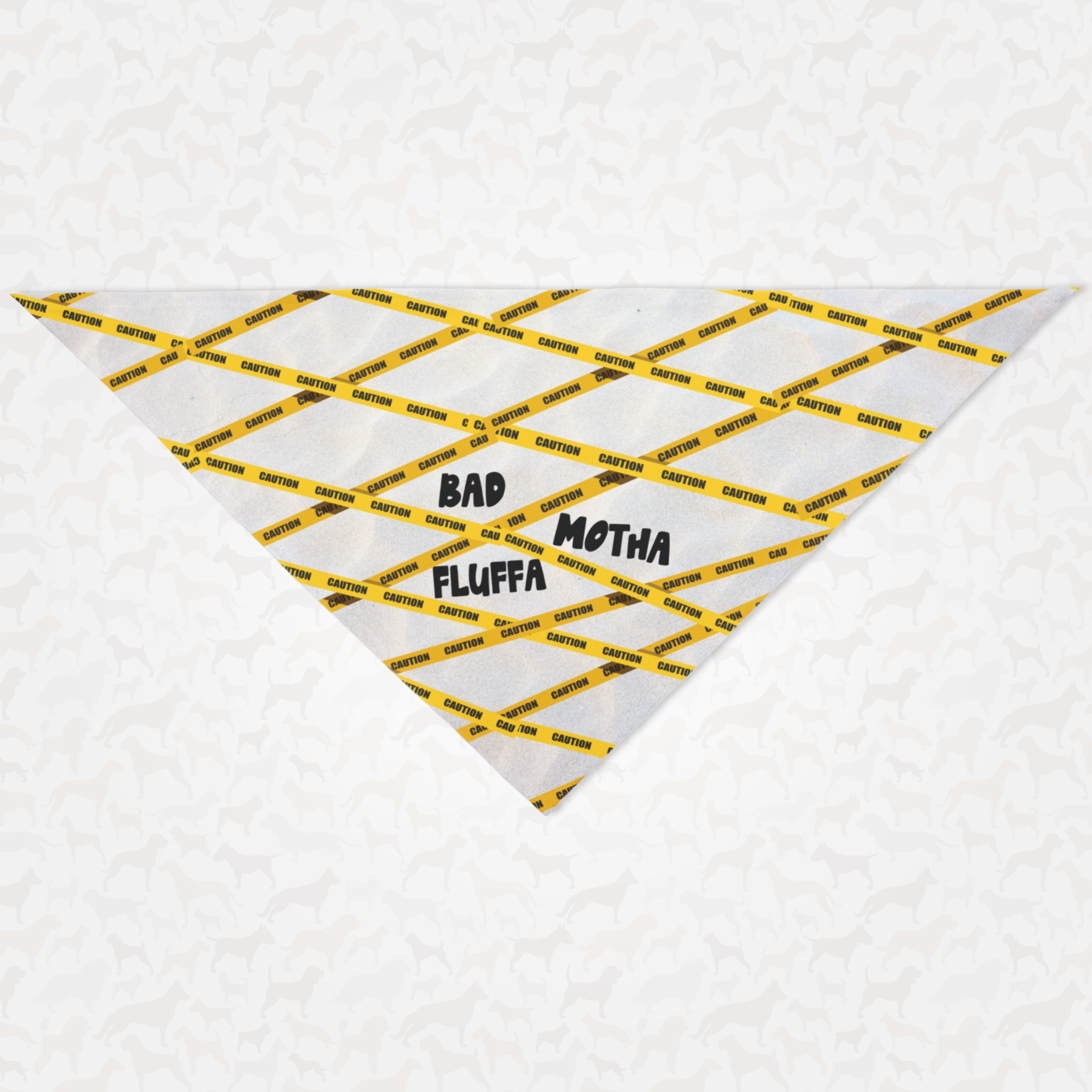 Funny dog bandana with caution tapes graphics and Bad Motha Fluffa quote on it.