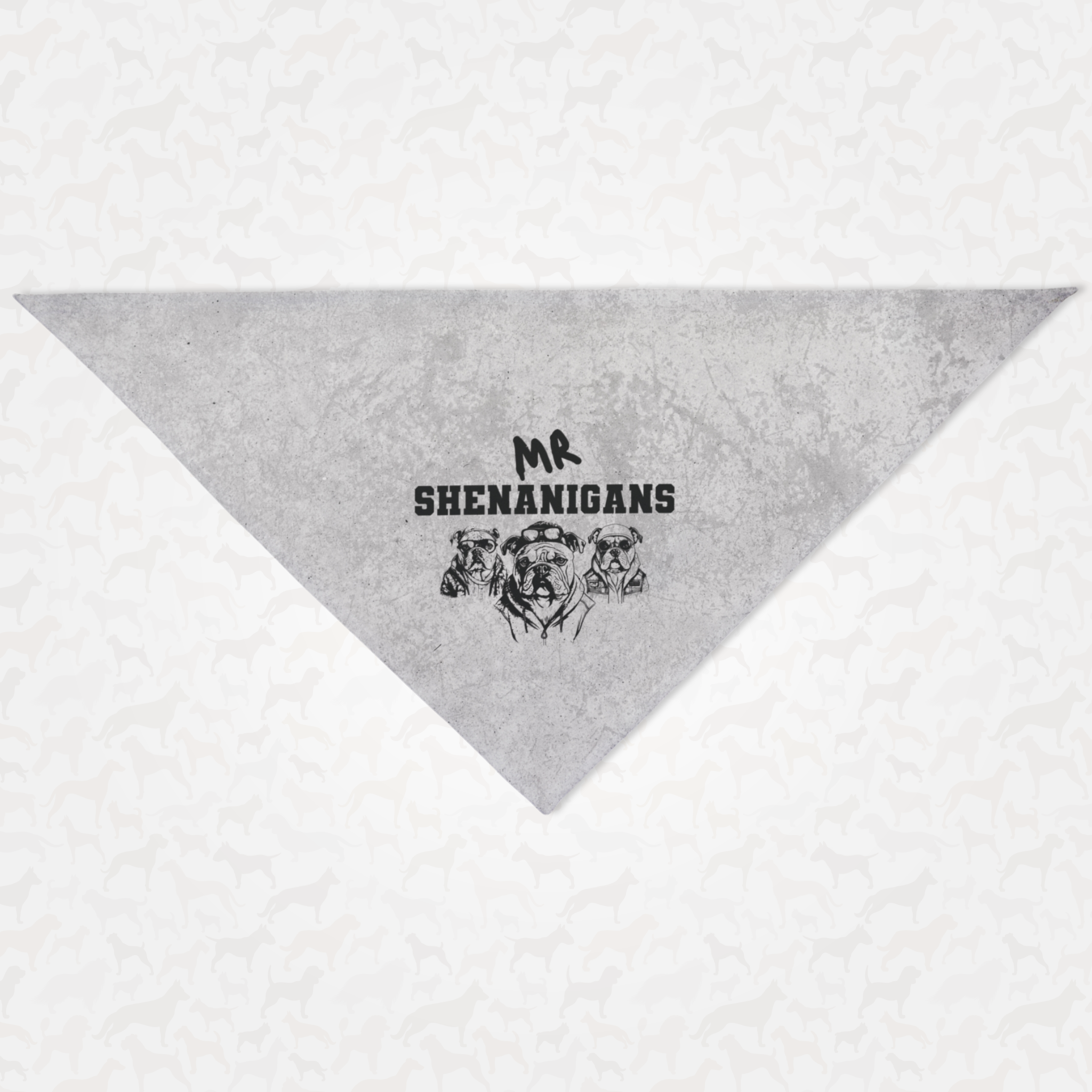 Funny dog bandana with distressed grunge effect saying Mr. Shenanigans.