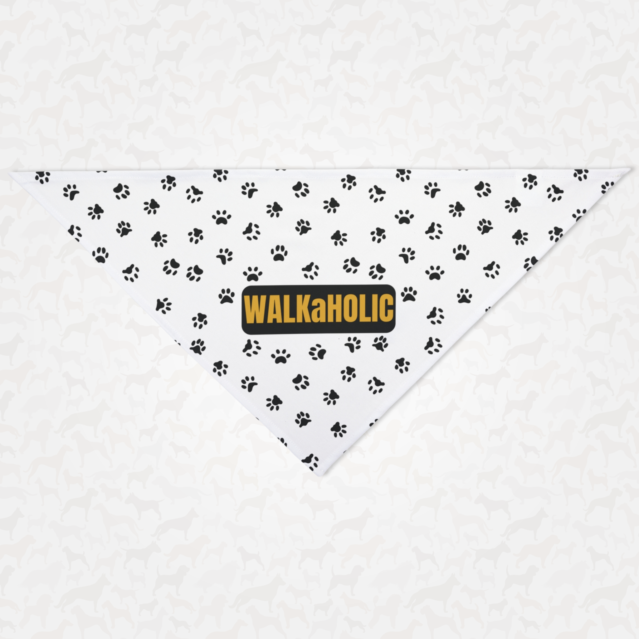 Funny dog bandana with paws pattern saying Walkaholic.