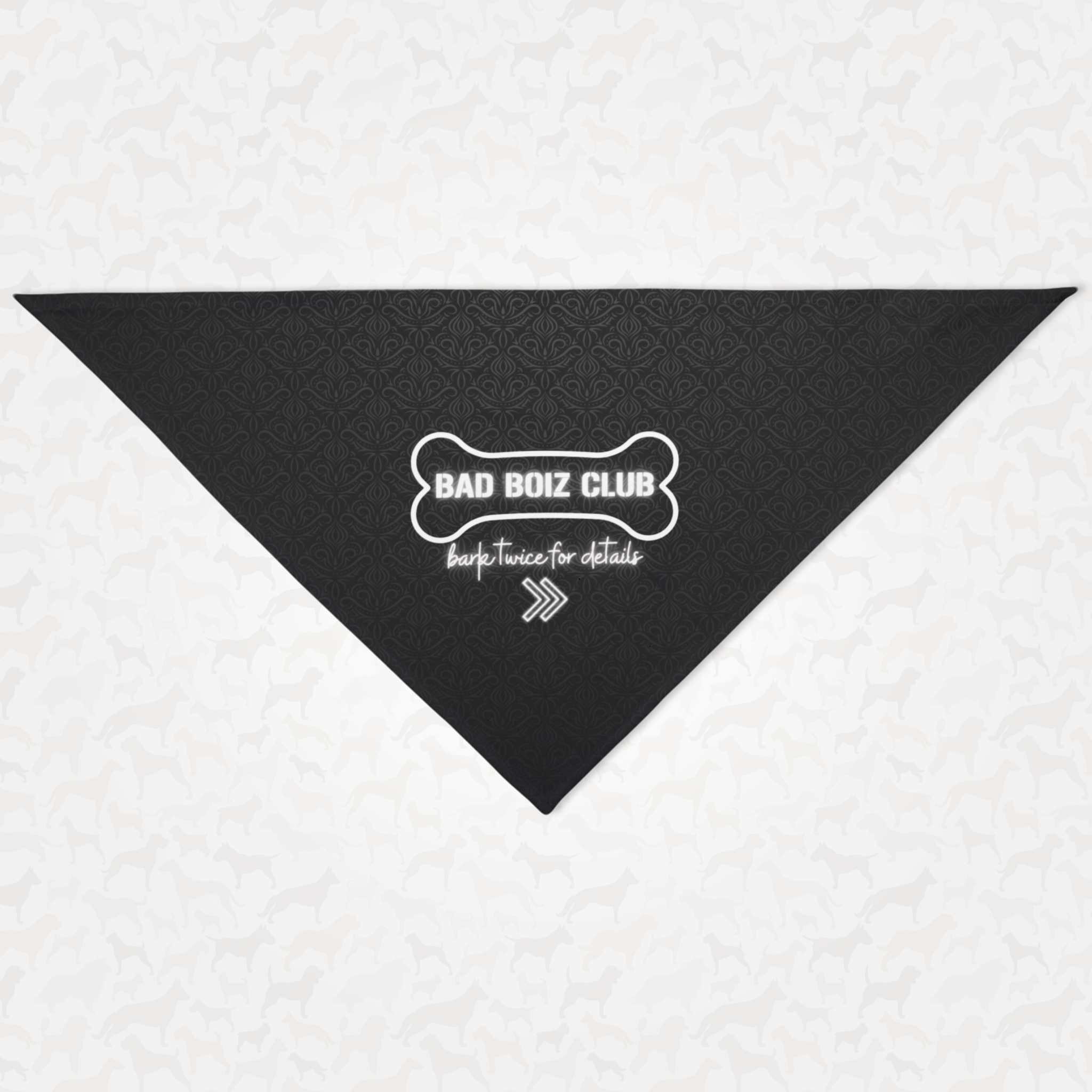 Funny dog bandana with Victorian pattern saying "Bad Boiz Club. Bark Twice For Details."