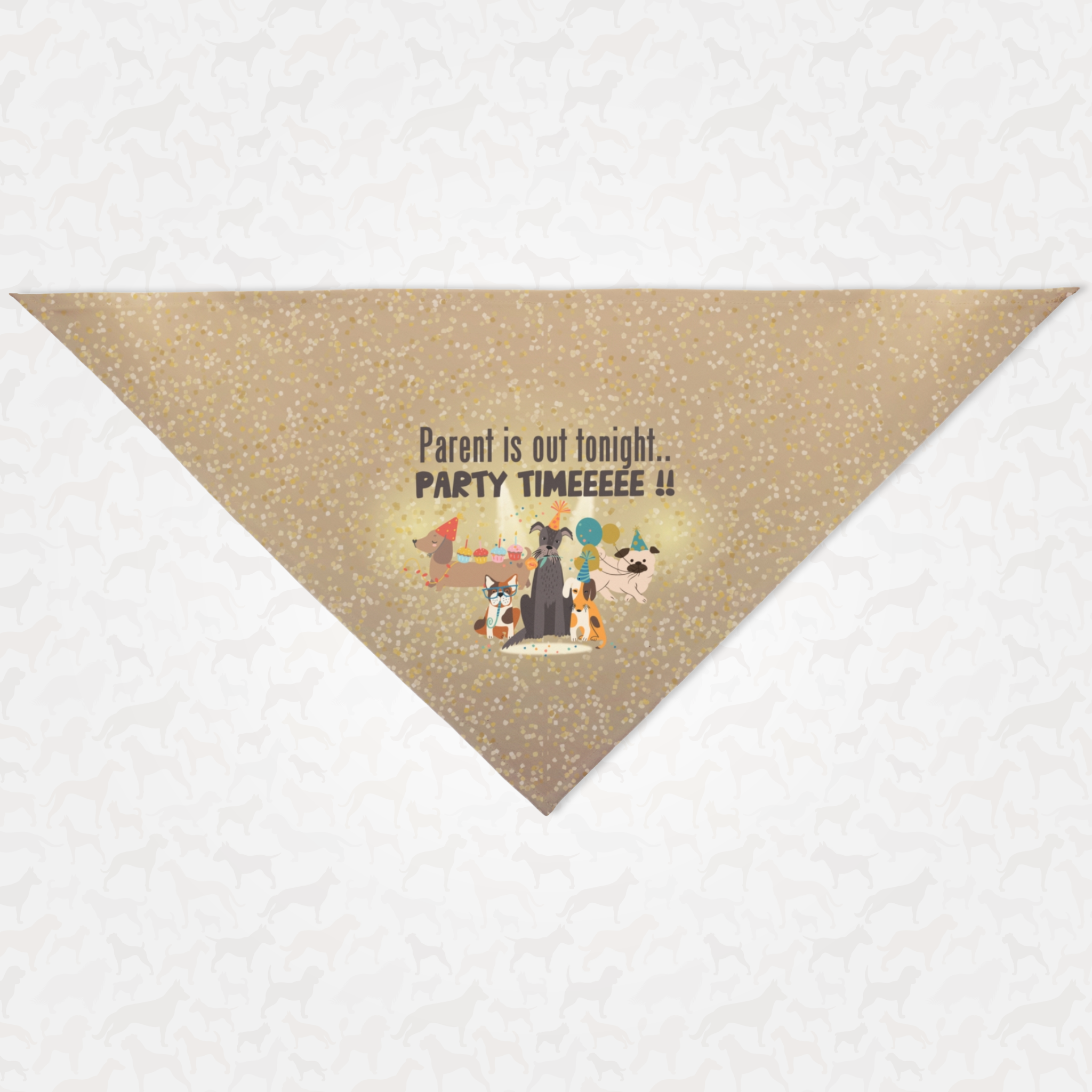 Funny dog handkerchief featuring party dogs graphic saying "Parent Is Out Tonight. Party Time."
