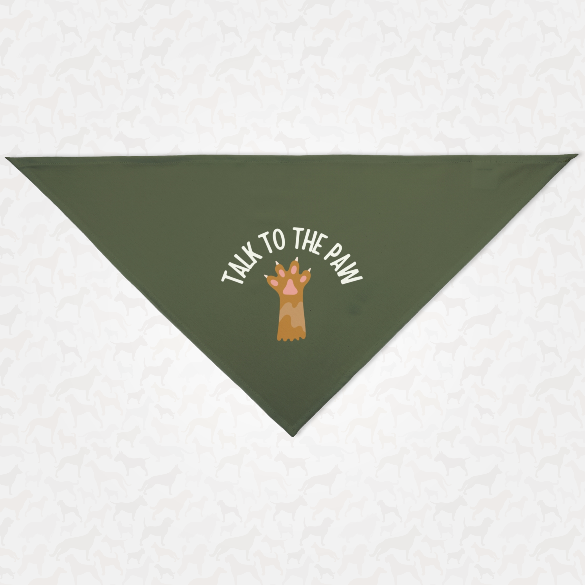 Green dog bandana with a funny "Talk To The Paw" quote printed on it.