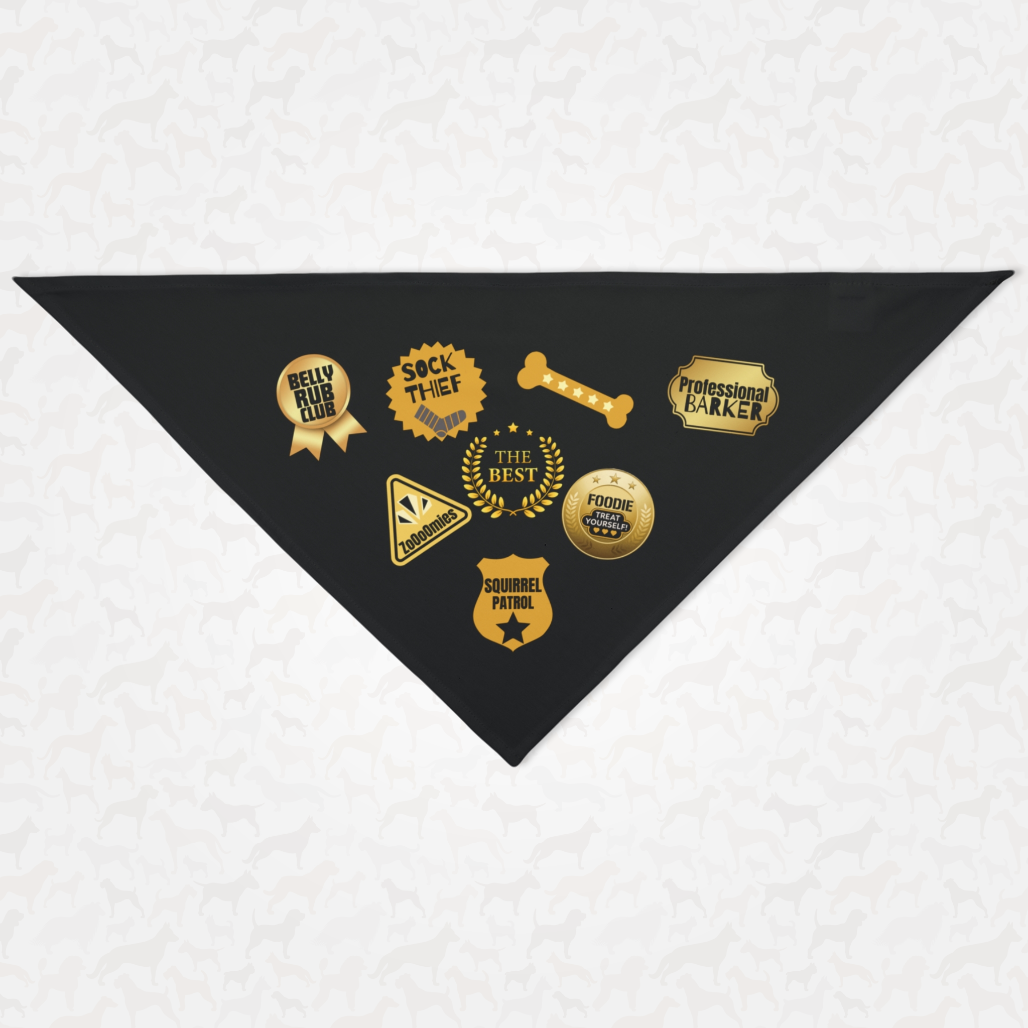 Funny naughty dog bandana with badges for the furry distinguished dog.