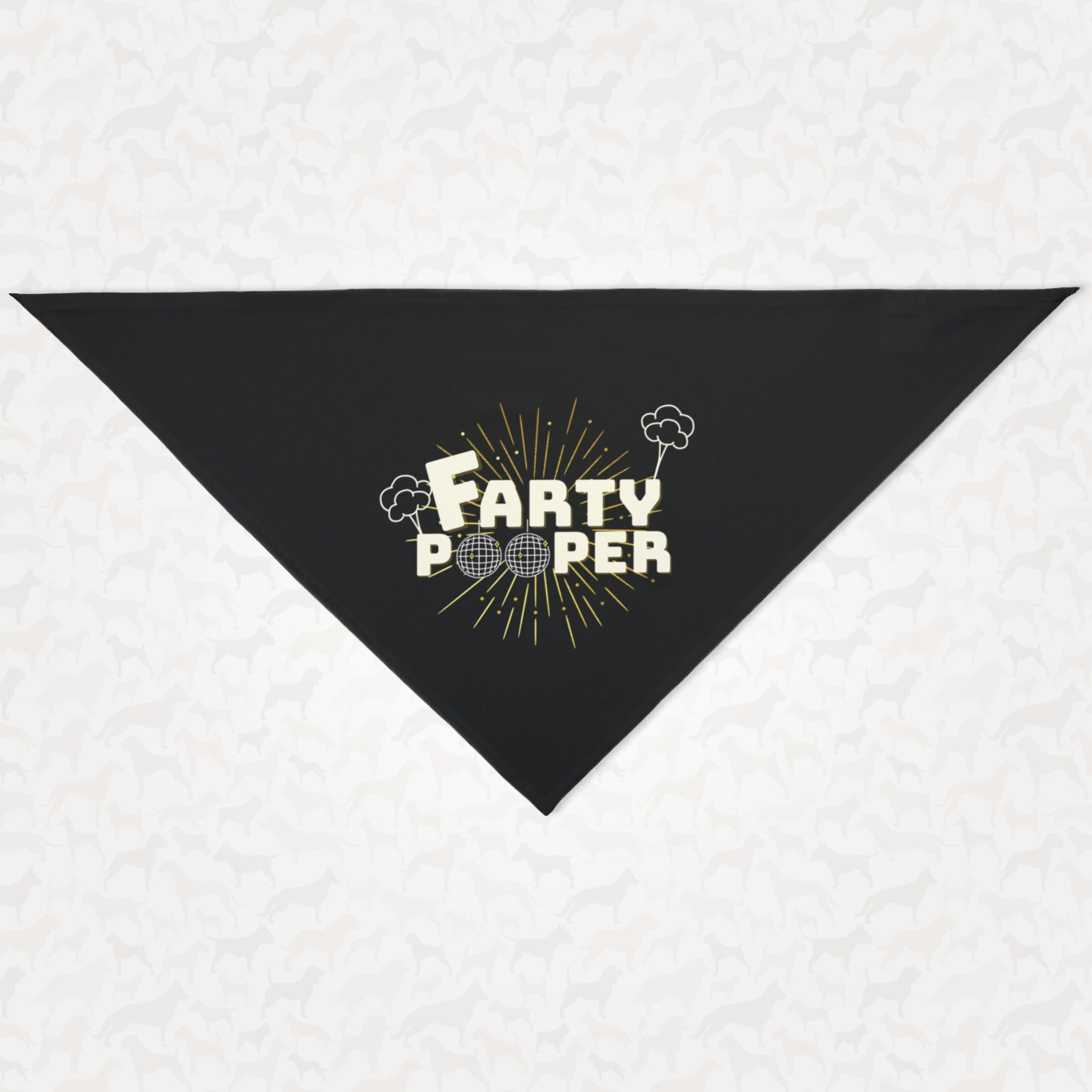 Dog bandana with Farty Pooper funny pun quote.