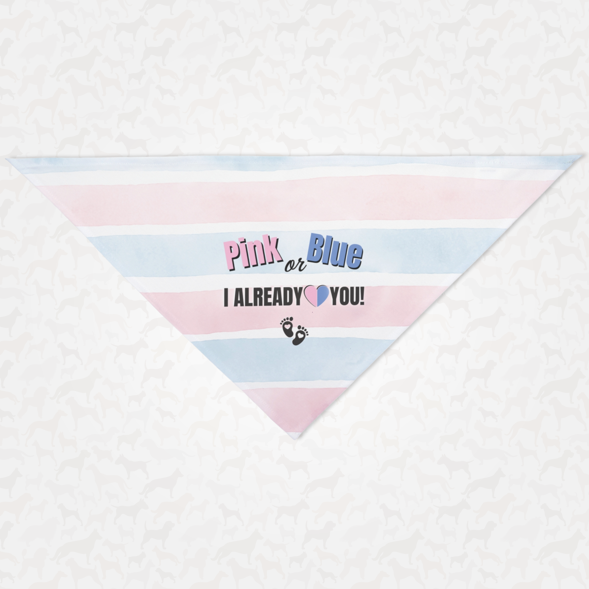 Gender reveal pregnancy announcement dog bandana saying Pink Or Blue I Already Love You.