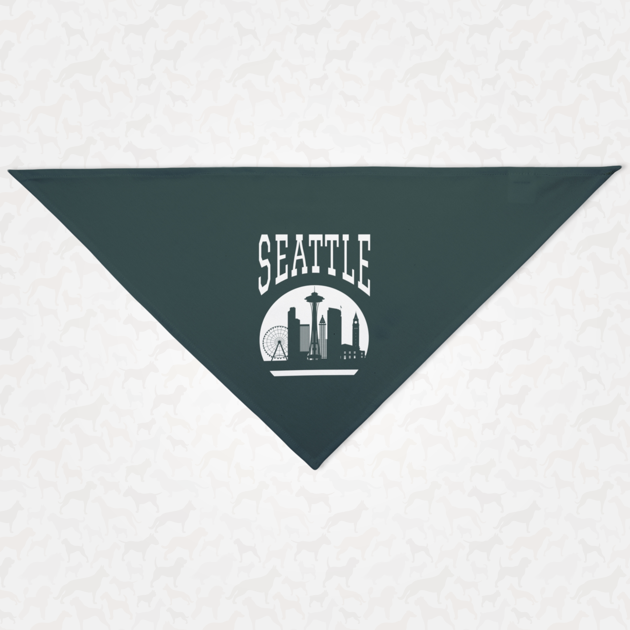 Green dog bandana saying "Seattle" along with a graphic of the city's landmarks.