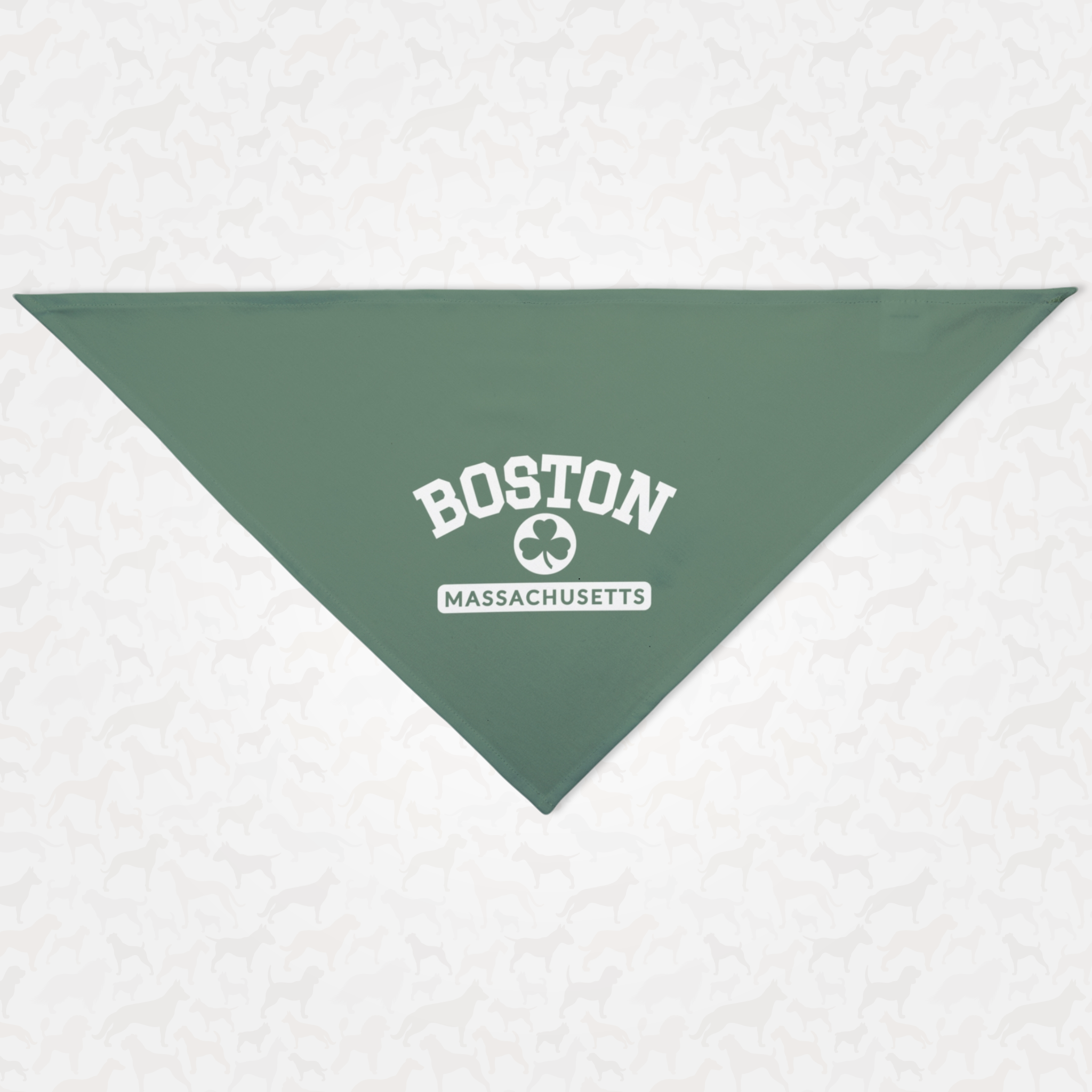 Green dog bandana with clover logo saying Boston Massachusetts.
