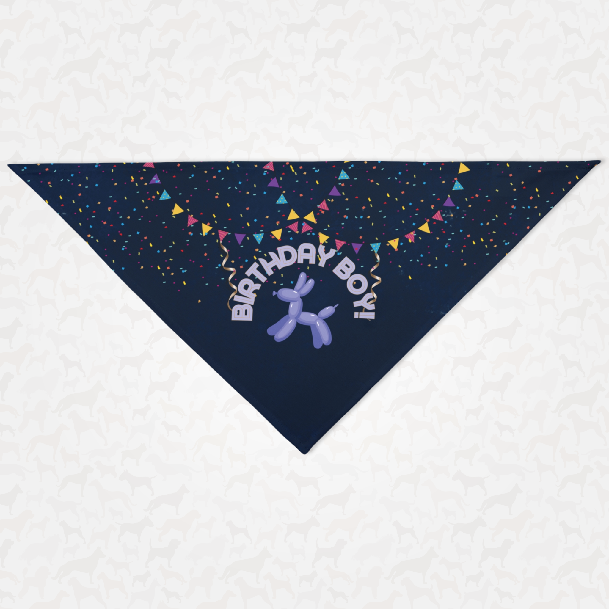 Happy birthday dog bandana with confetti and "Birthday Boy" printed on it.