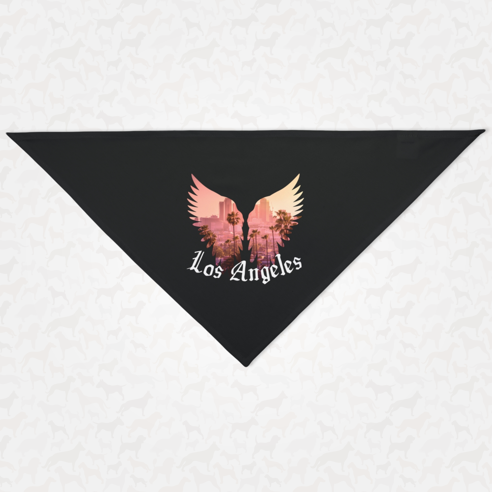 Los Angeles dog bandana featuring a downtown skyline sunset image in angel wings.
