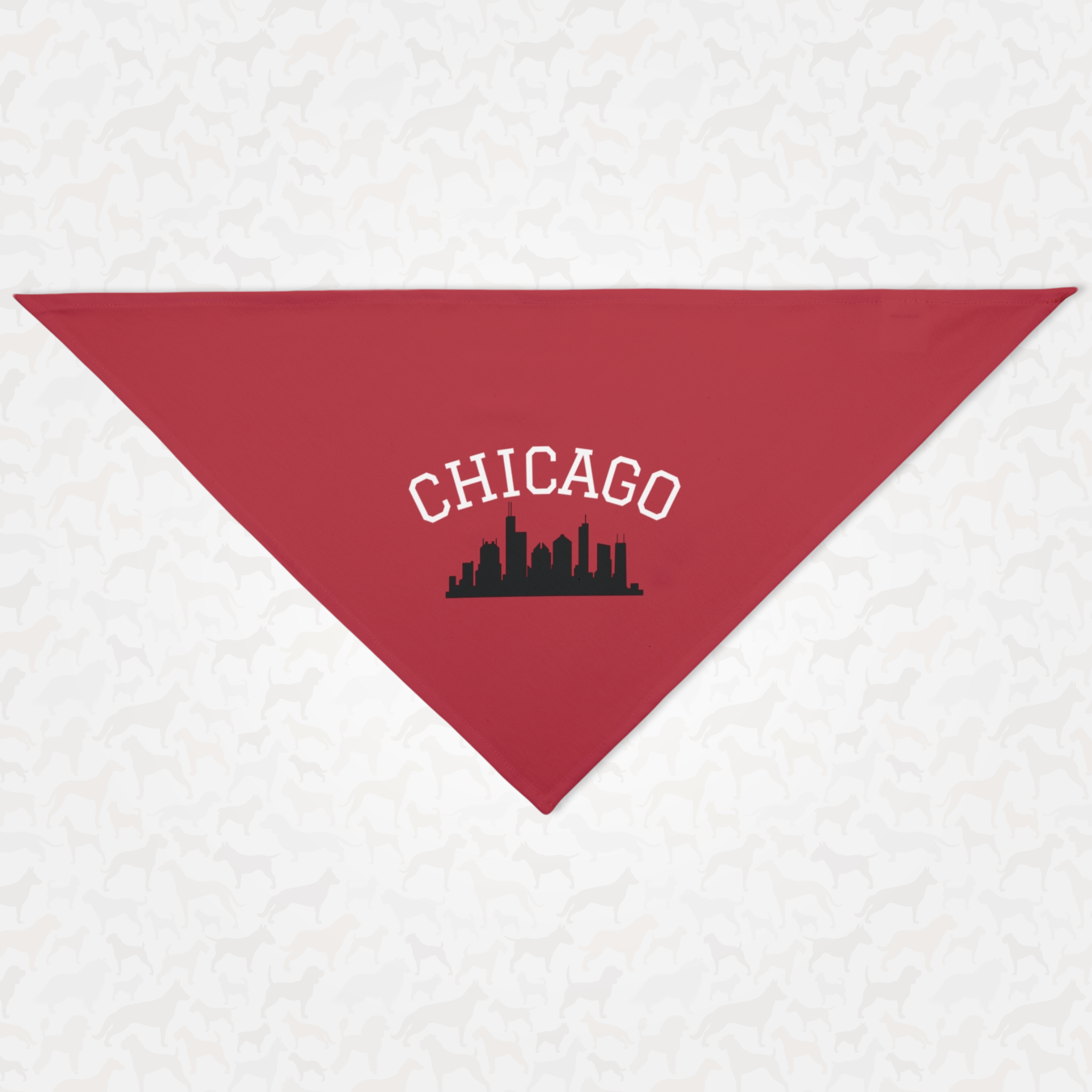 Red dog bandana with skyline graphic saying Chicago.