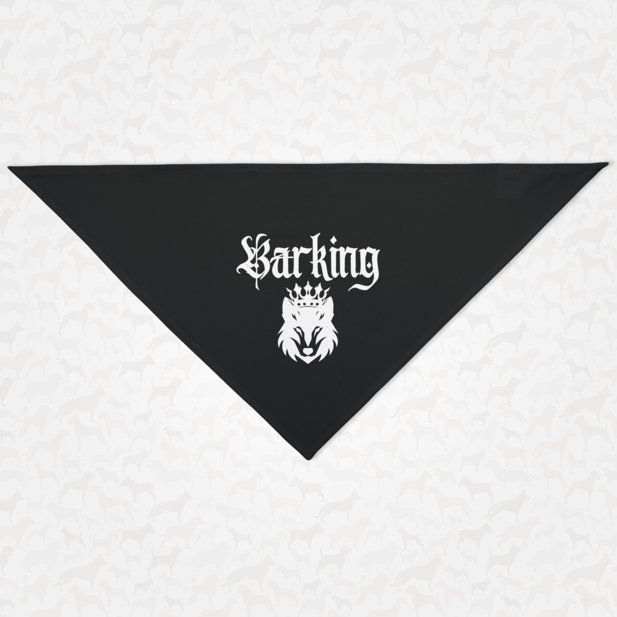 Royal dog bandana featuring crown graphic and "Bar-King" pun.