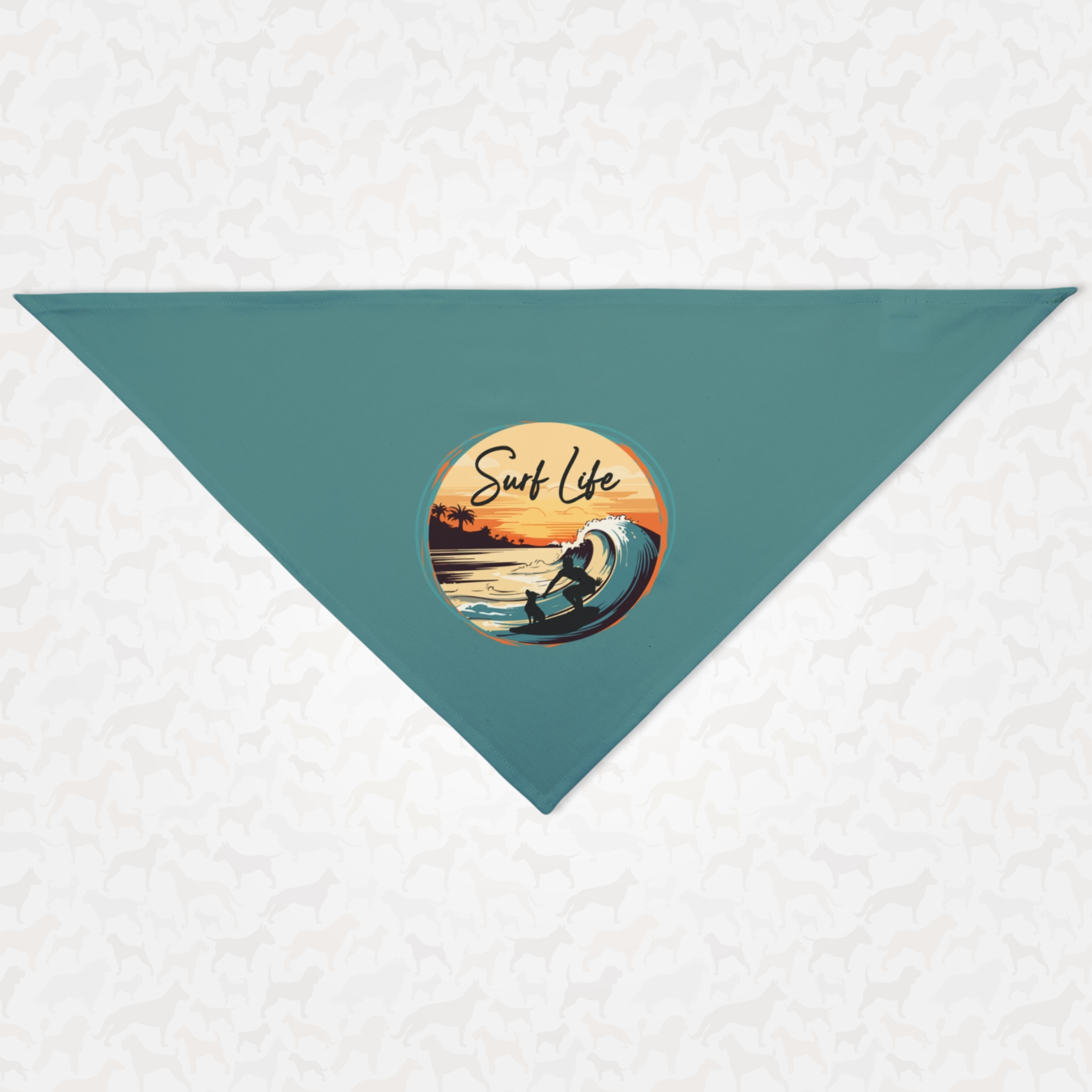 Sea adventure dog bandana featuring ocean surfing graphic and "Surf Life" quote.