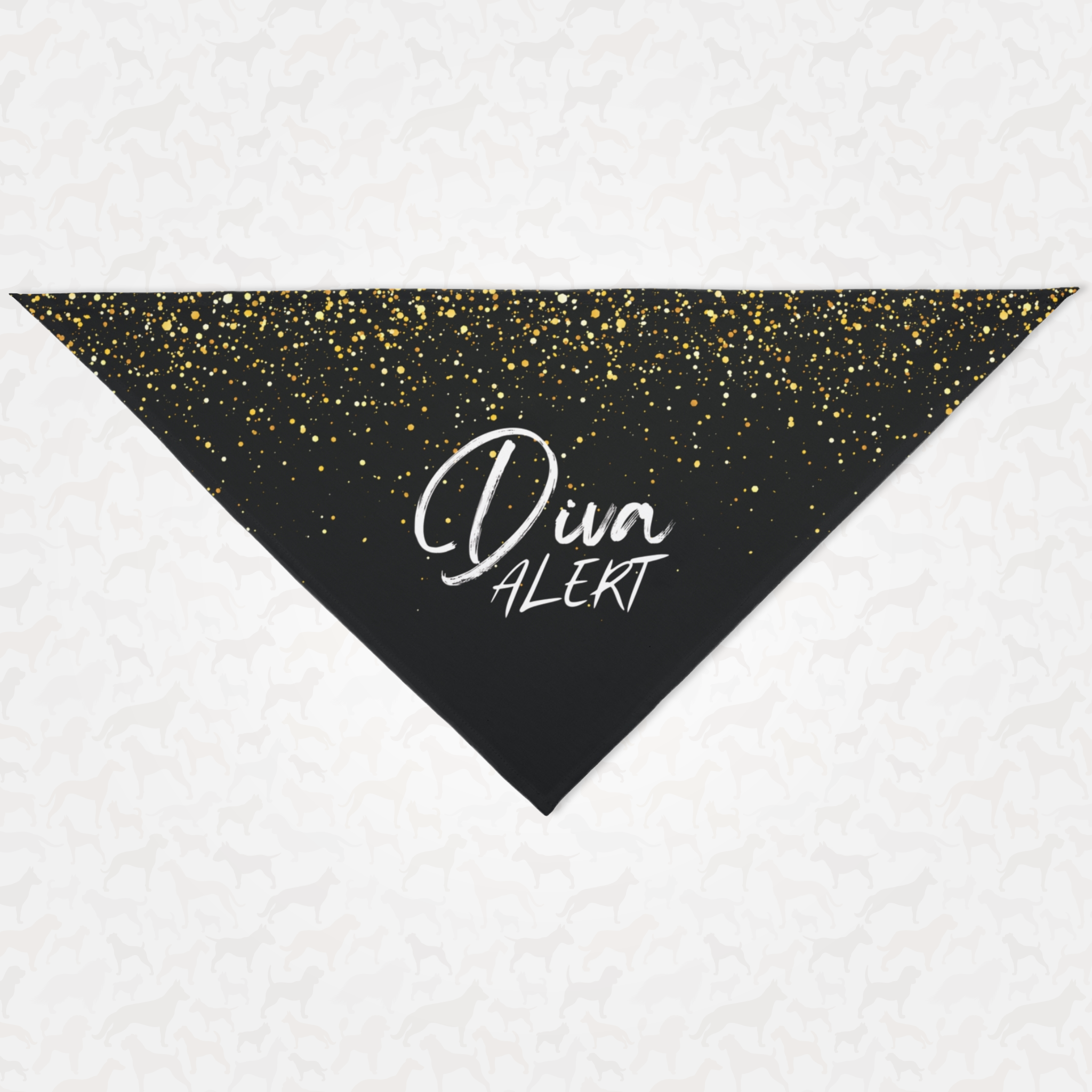 Sassy and stylish black dog bandana with a Diva Alert slogan printed on it.