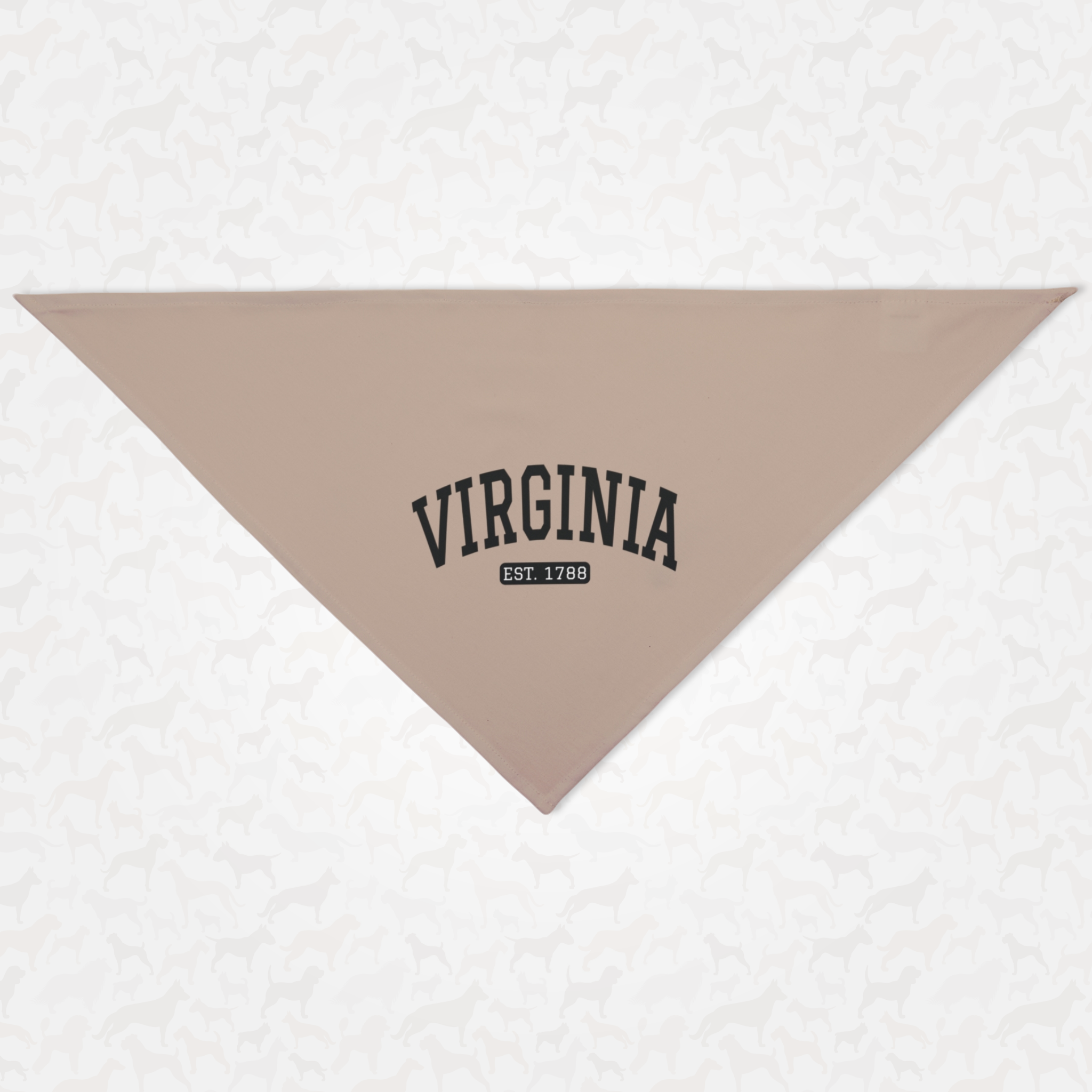 Taupe dog bandana saying "Virginia Est 1788" in varsity font.