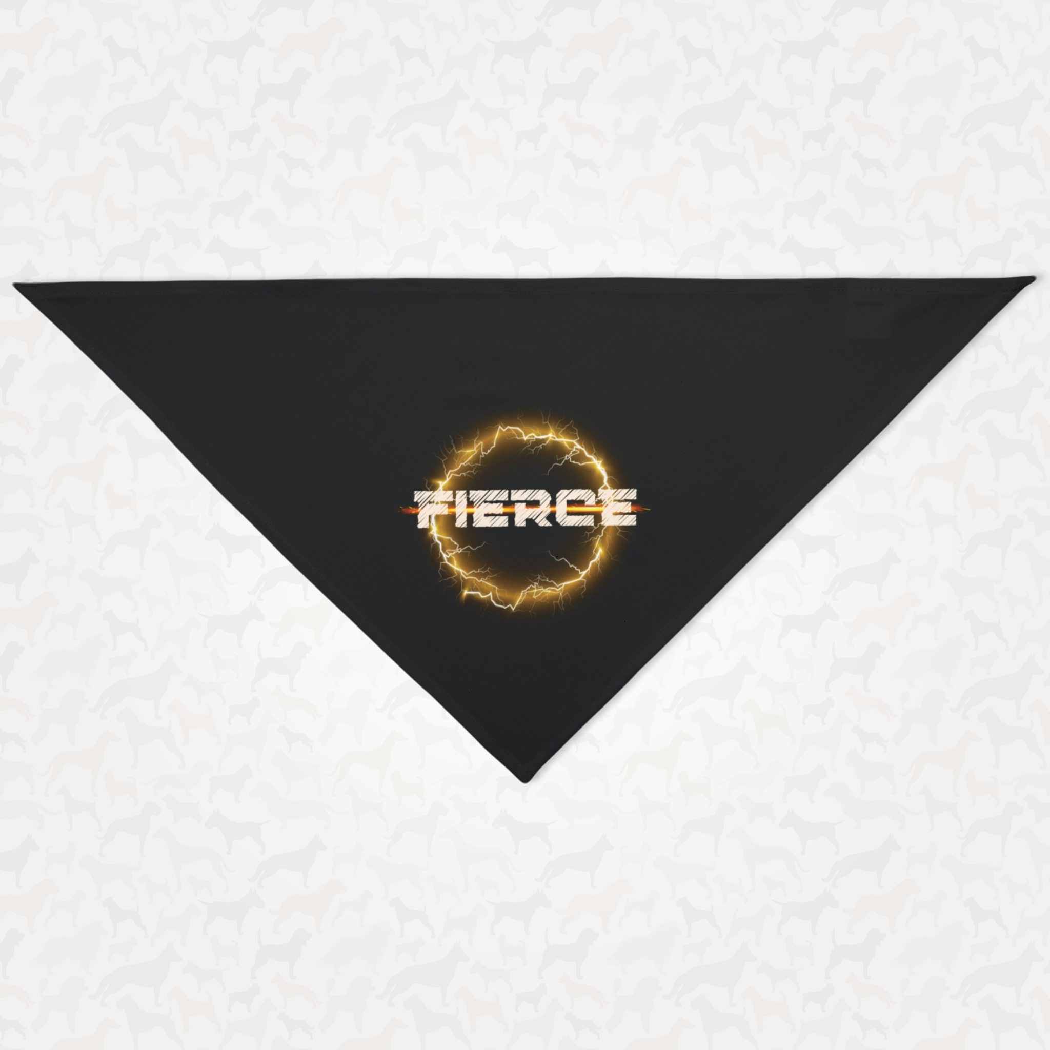 Tough dog bandana featuring glowing thunder ring graphic and "Fierce" slogan.