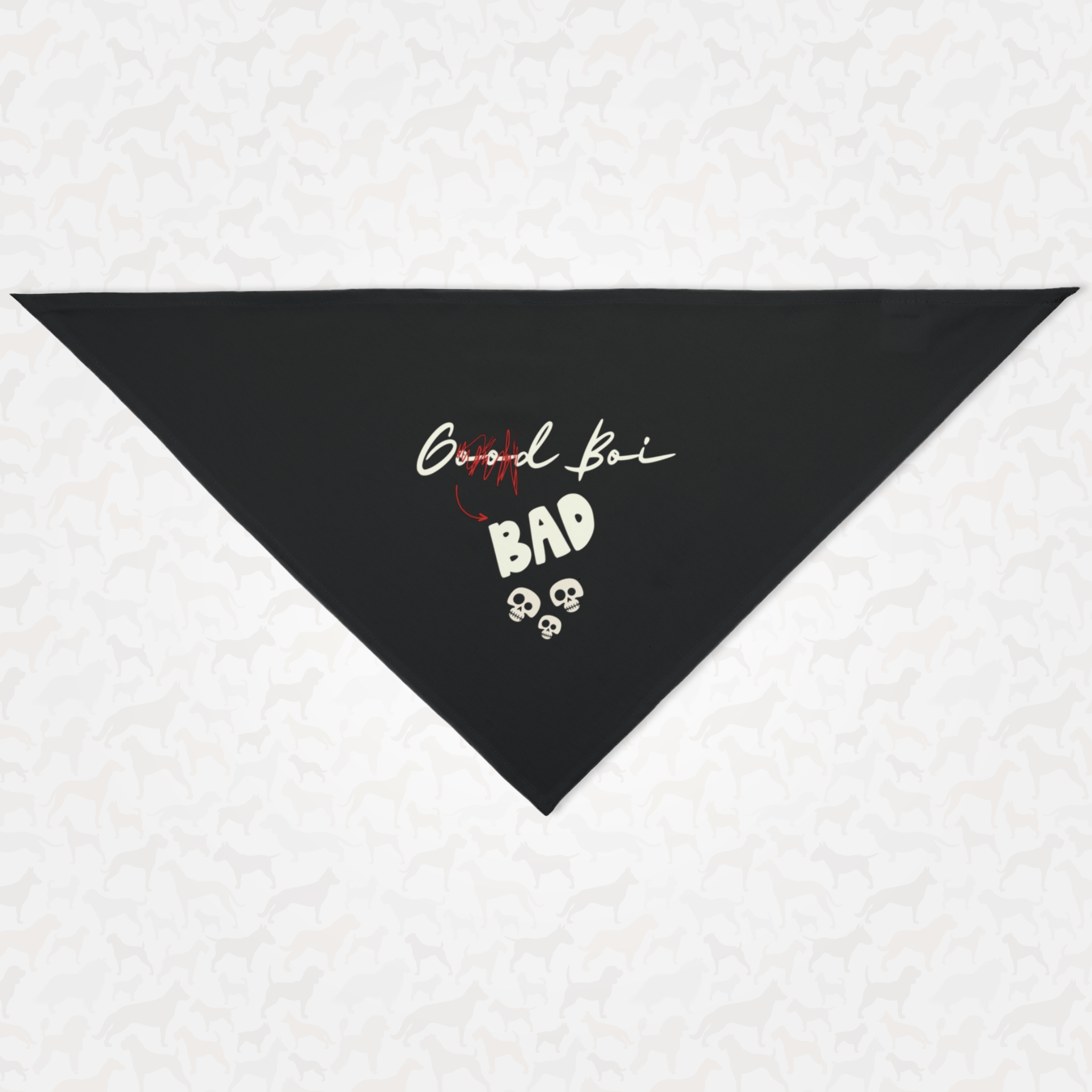 Tough dog bandana with graphic of skulls saying Bad Boi.