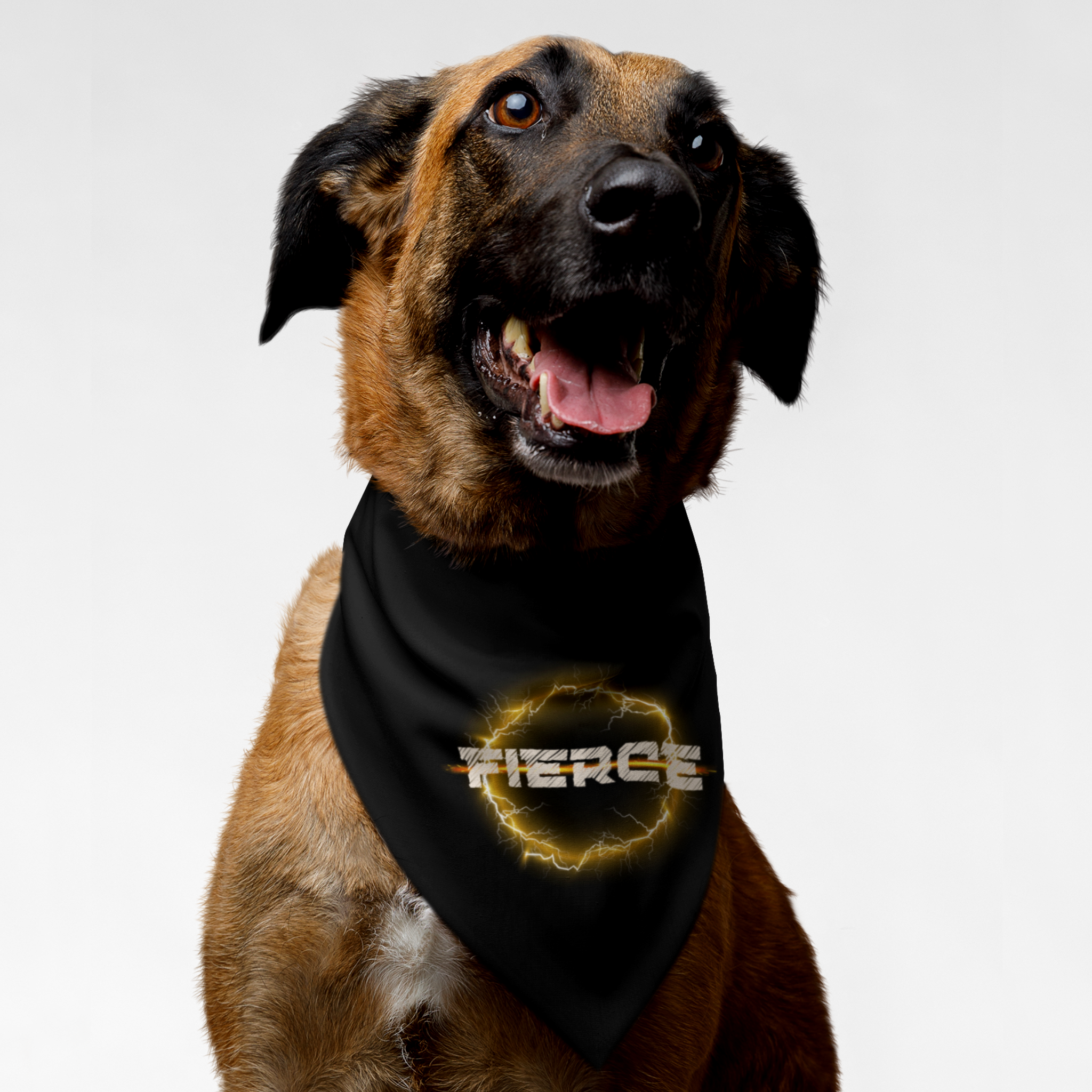 Tough dog wearing bandana featuring glowing thunder ring graphic and "Fierce" slogan.