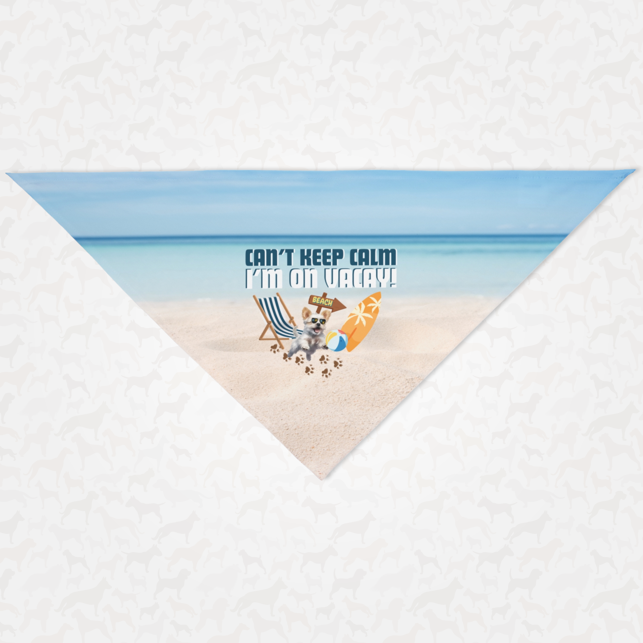 Travel vacation dog bandana featuring beach graphics saying Can't Keep Calm I'm On Vacay.