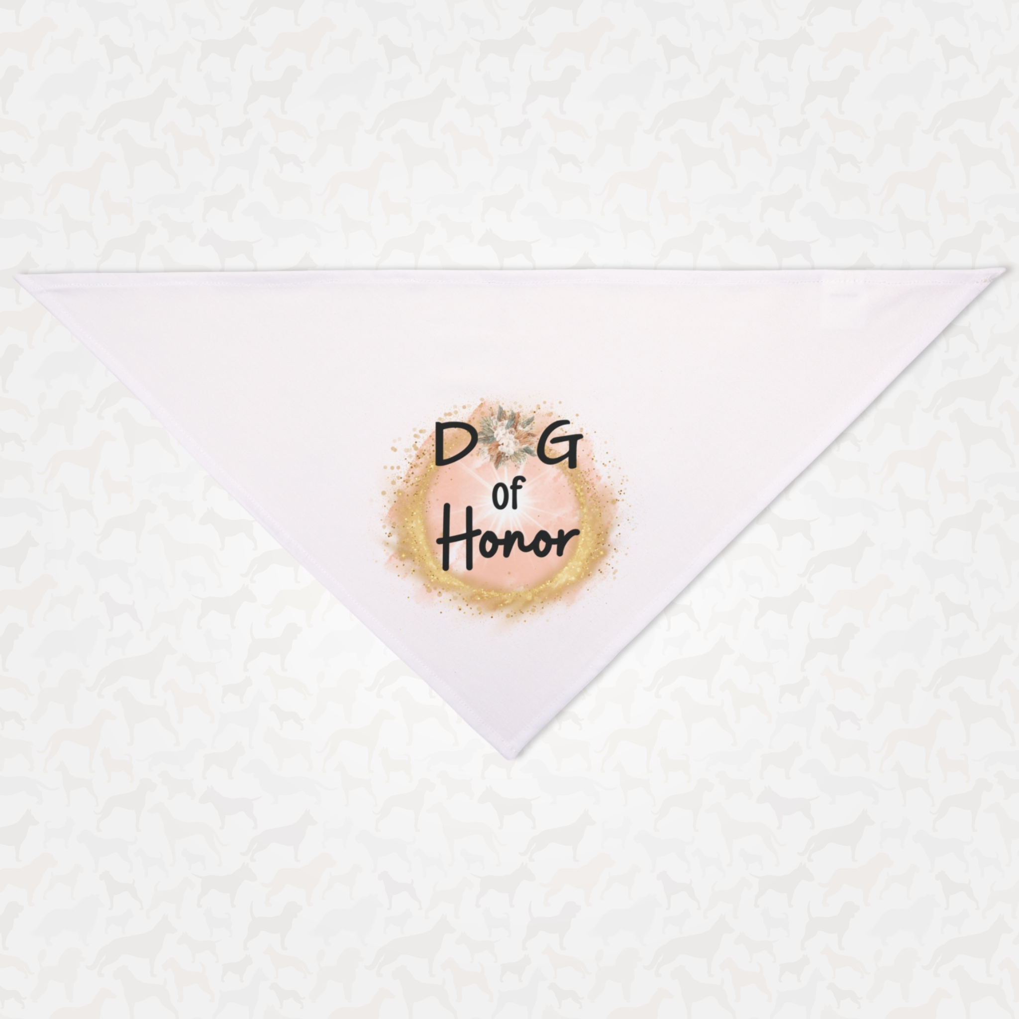 Wedding dog bandana featuring a glowing gold glitter ring graphic and "Dog of Honor" quote.