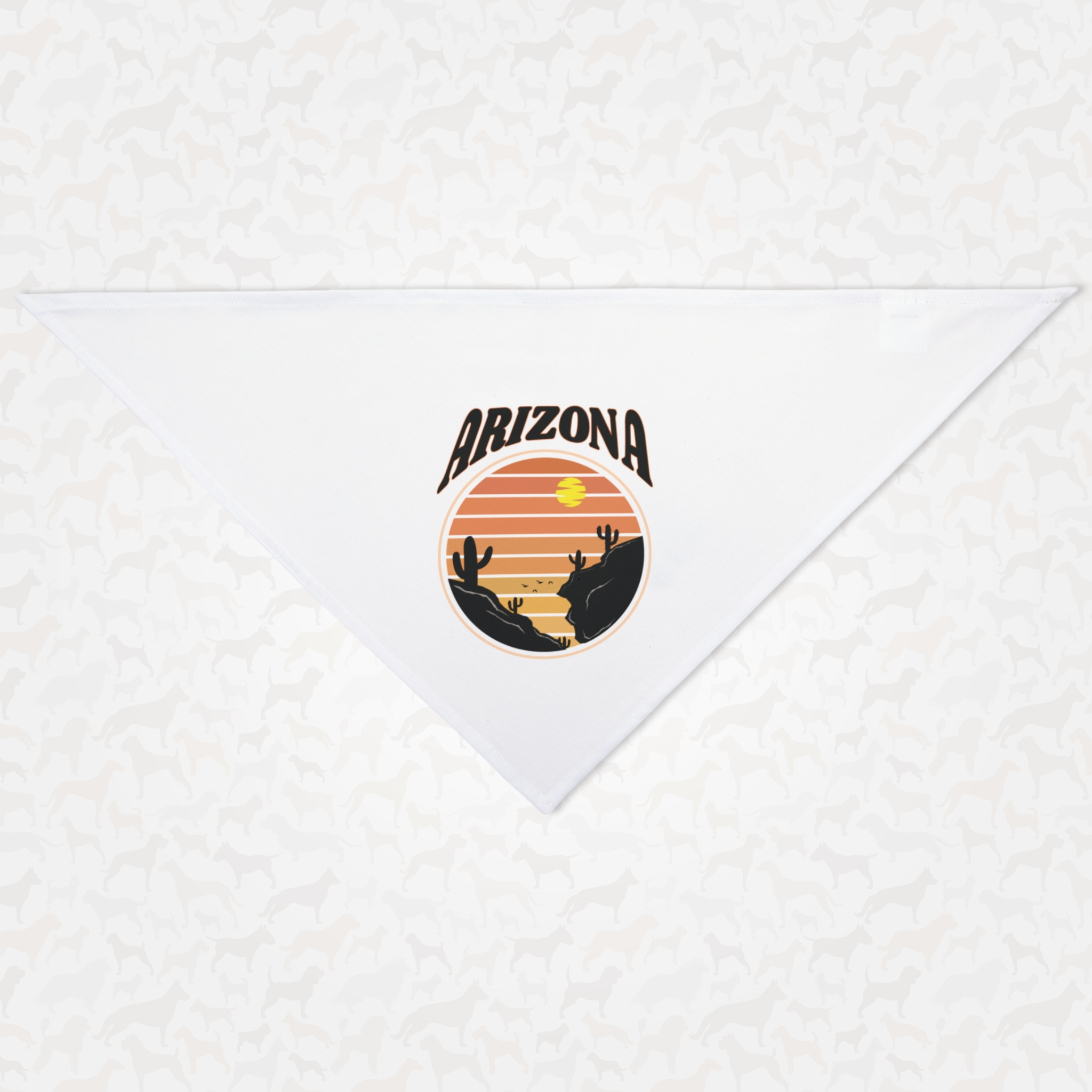 White dog bandana saying "Arizona" along with a retro desert graphic.
