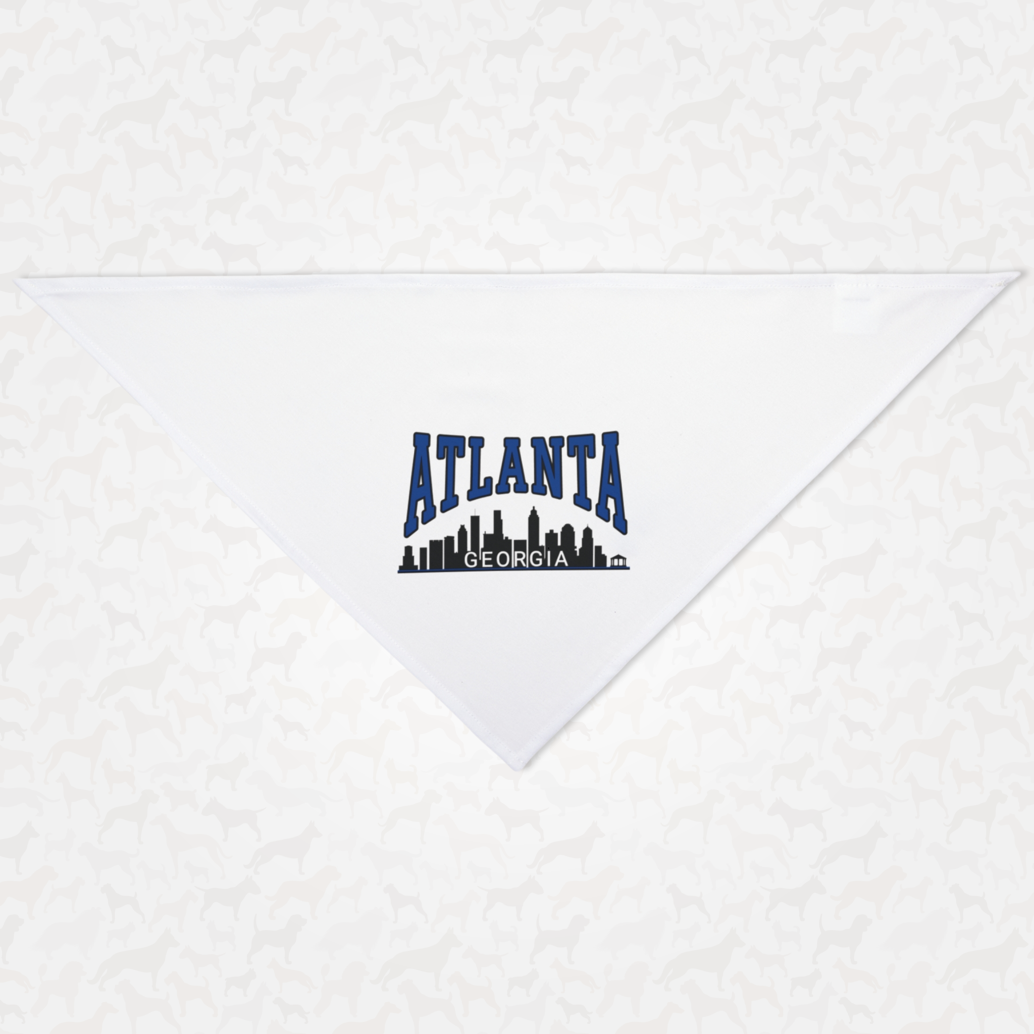 White dog bandana saying "Atlanta Georgia" along with a skyline silhouette.