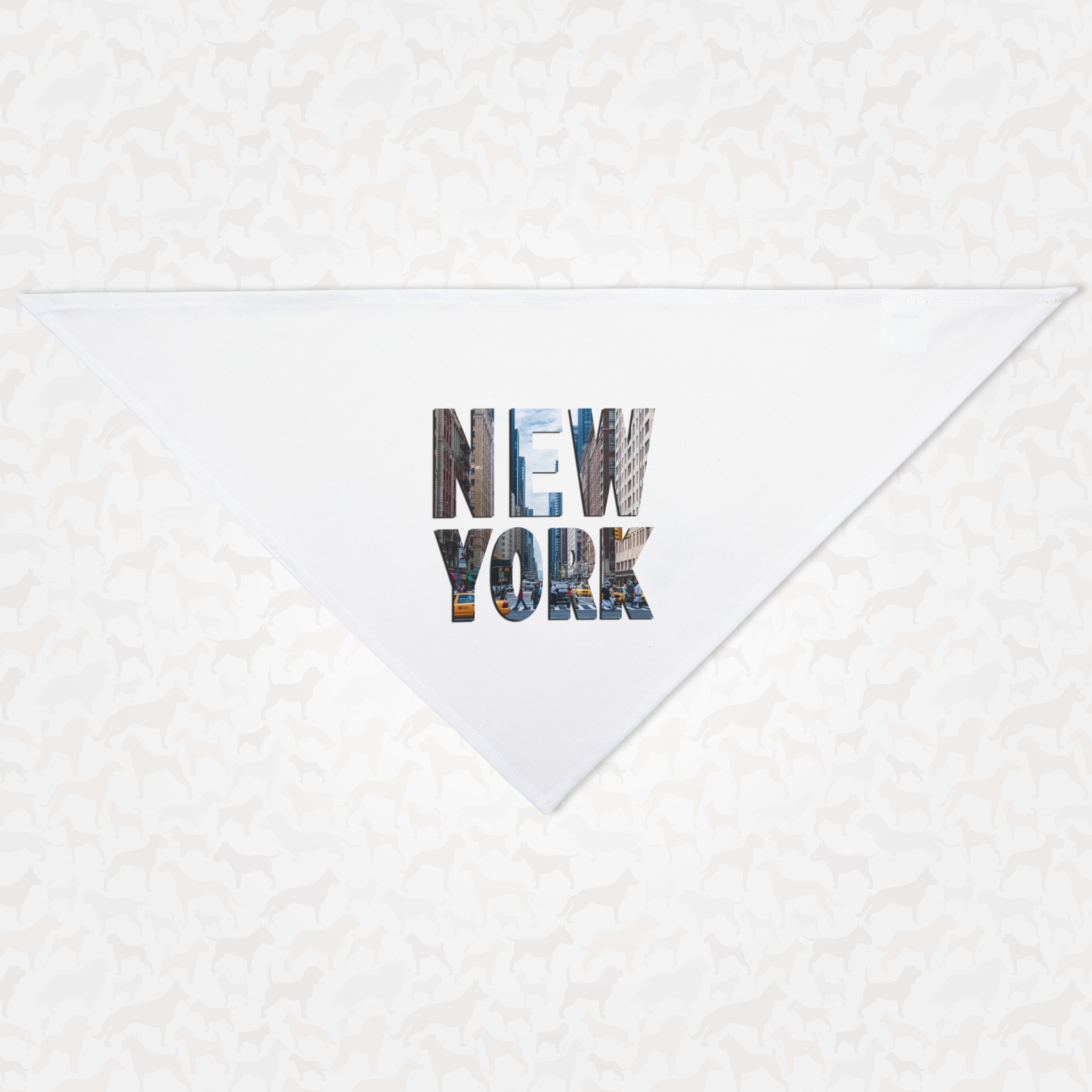 White New York dog bandana featuring a busy street image inside the New York text.
