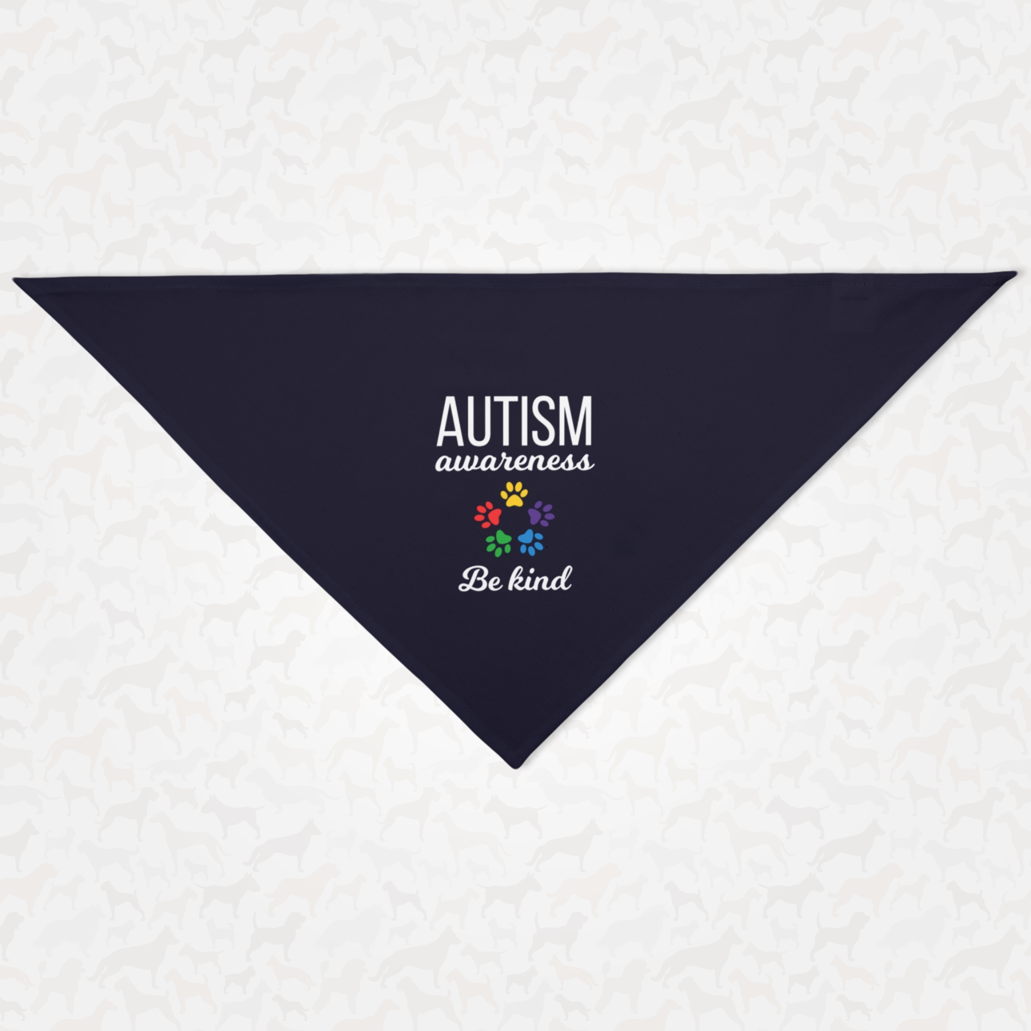 Autism awareness dog bandana saying Be Kind.