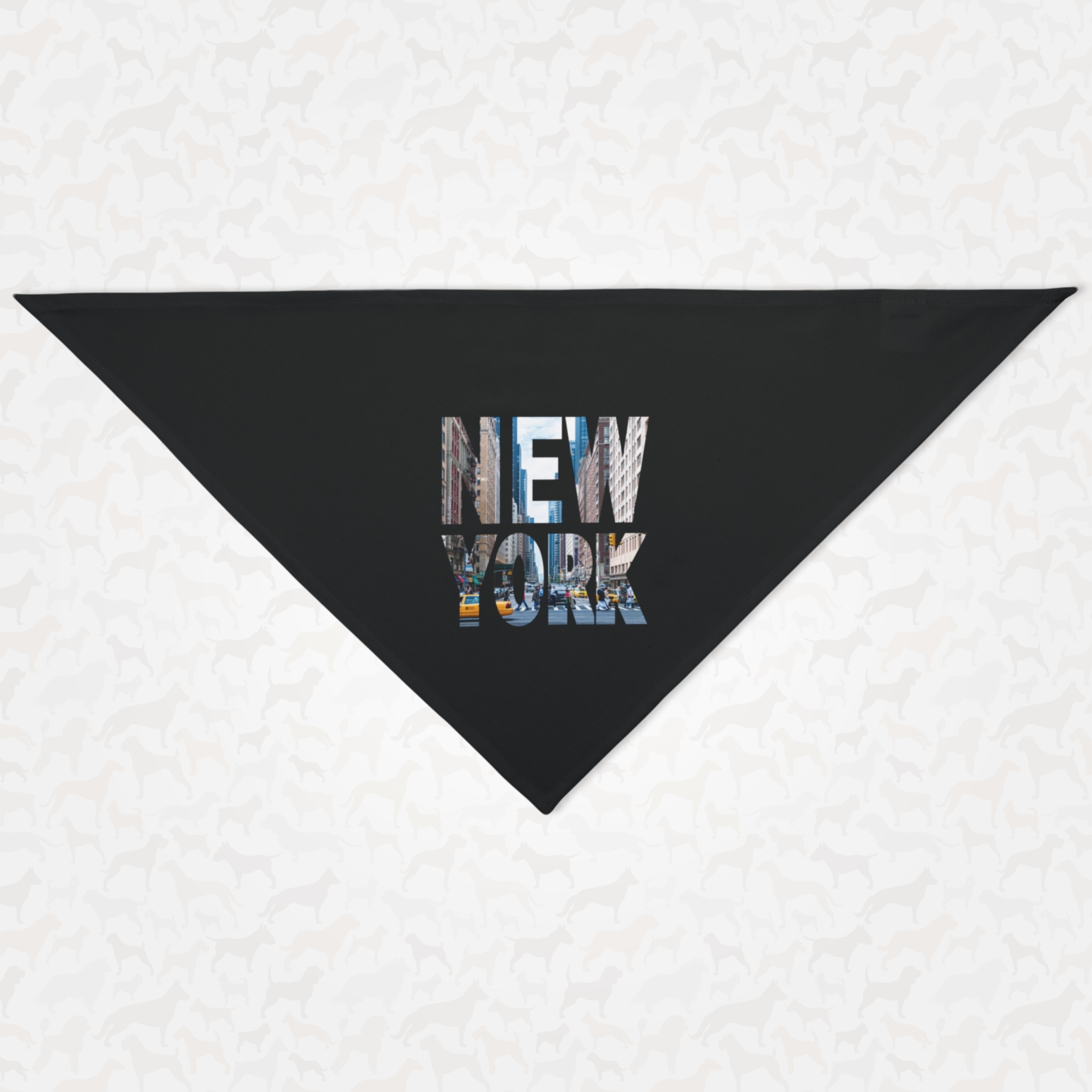 Black New York dog bandana featuring a busy street image inside the New York text.