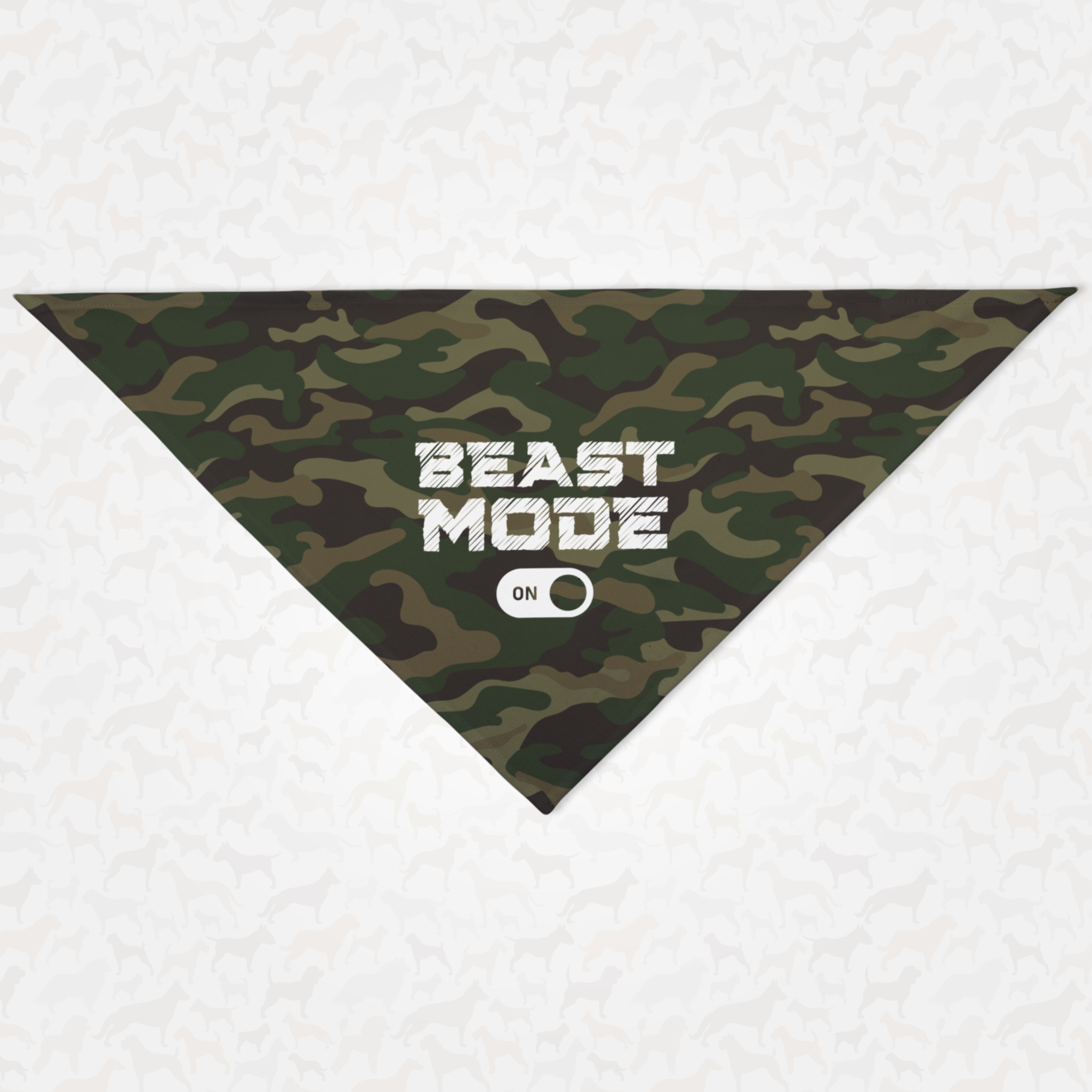 Camo dog bandana with "Beast Mode: On" slogan.