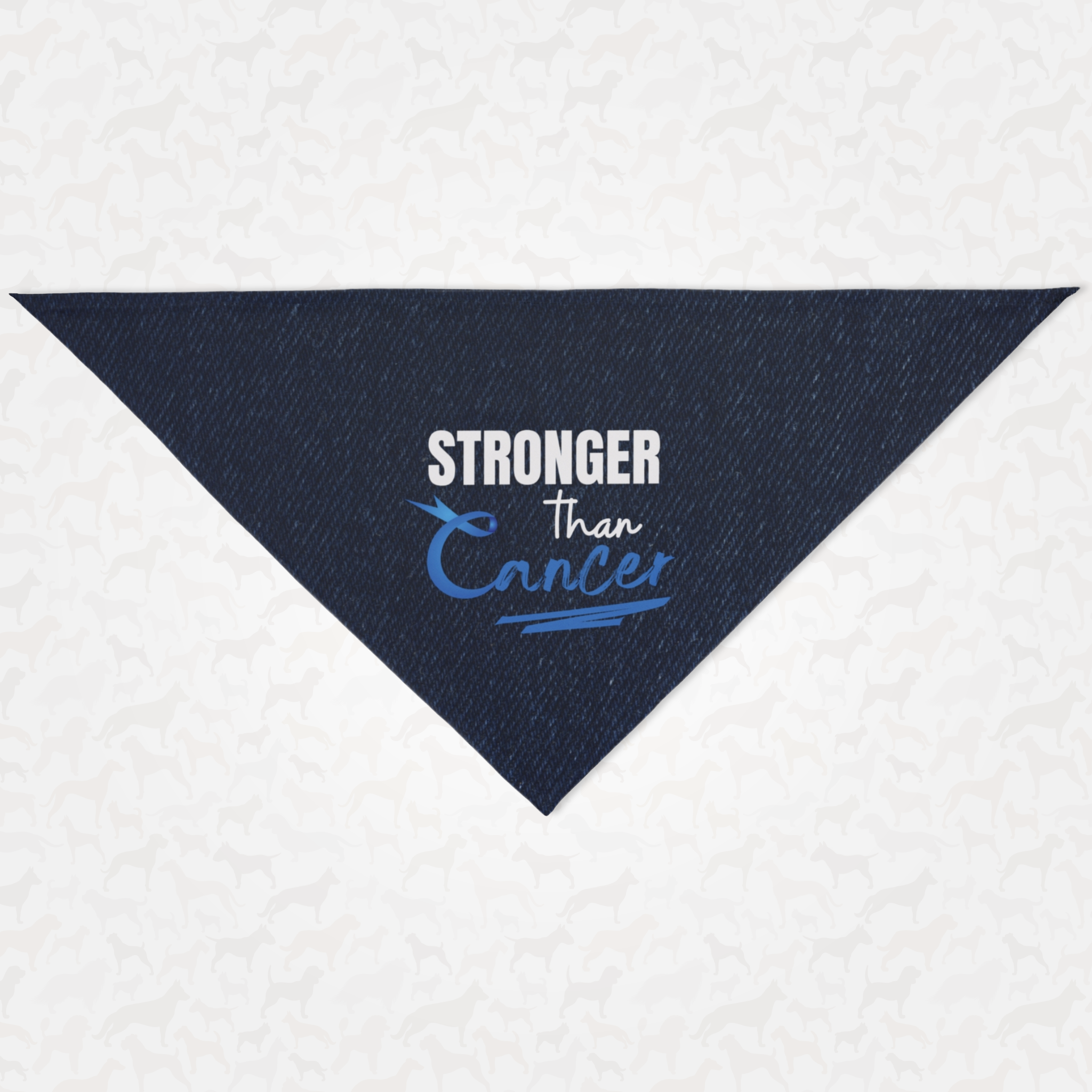 Cancer awareness dog bandana saying "Stronger Than Cancer" with the word "Cancer" in blue.