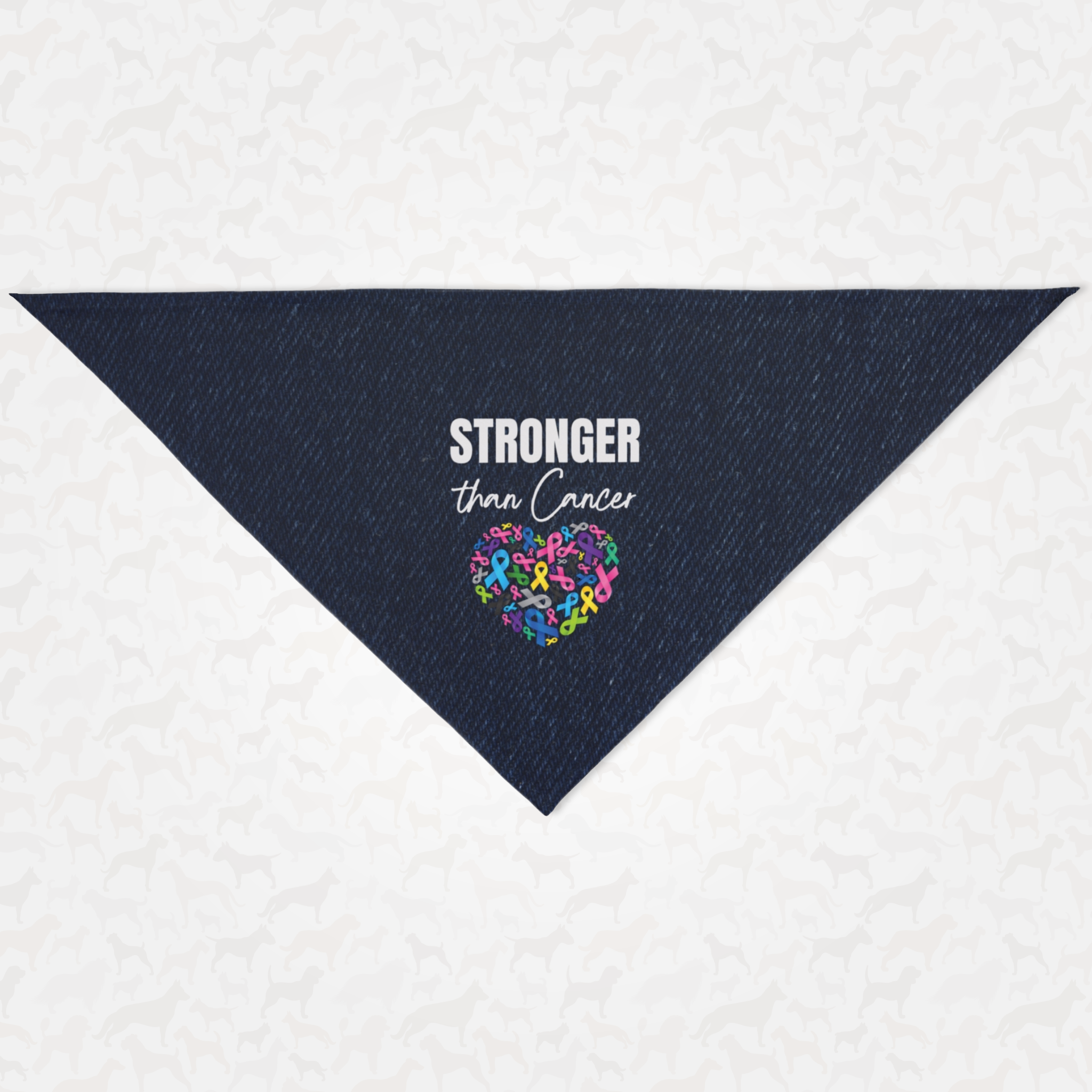 Cancer awareness dog bandana with "Stronger Than Cancer" quote and colored ribbons in shape of heart.