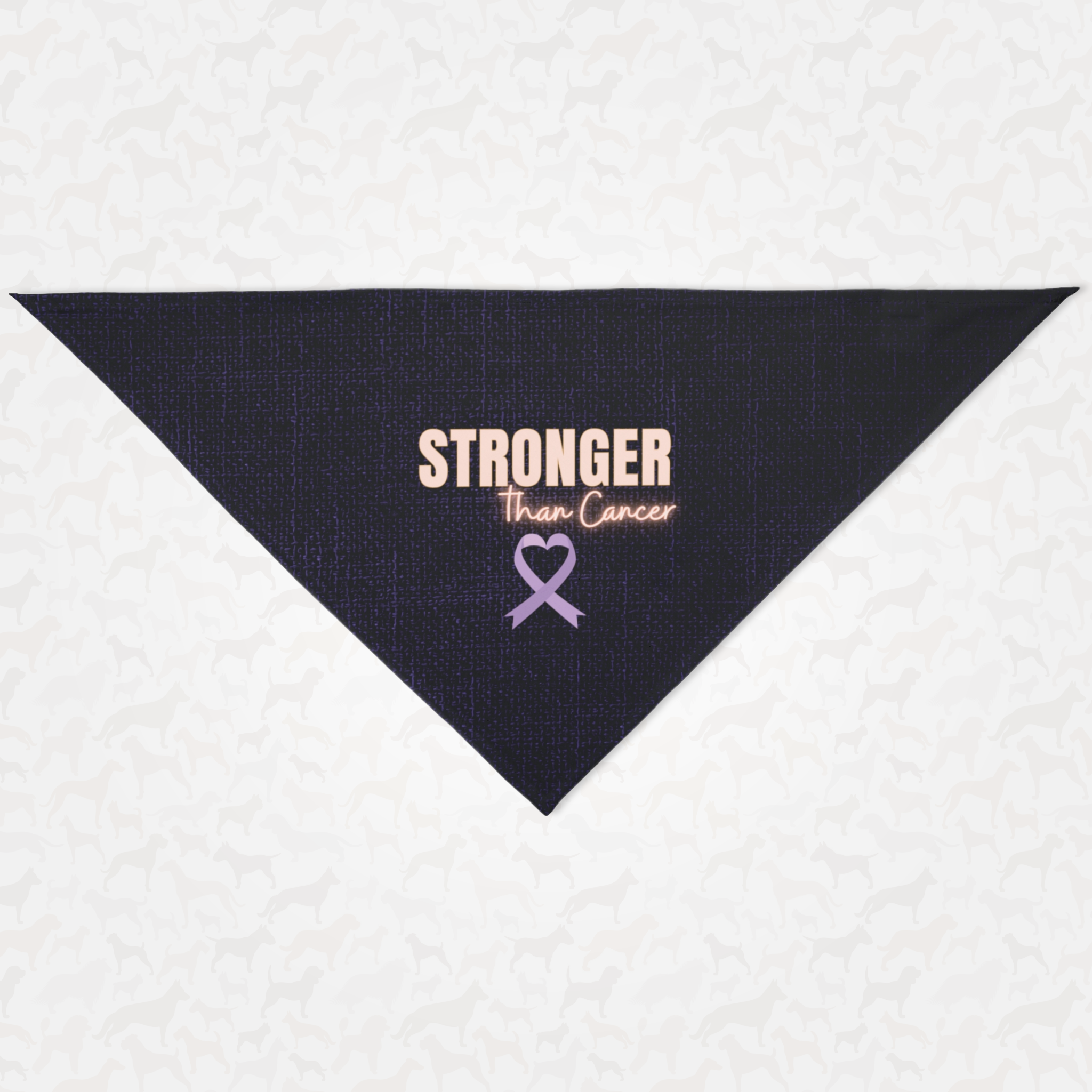 Cancer awareness dog bandana with "Stronger Than Cancer" quote and ribbon in shape of heart.