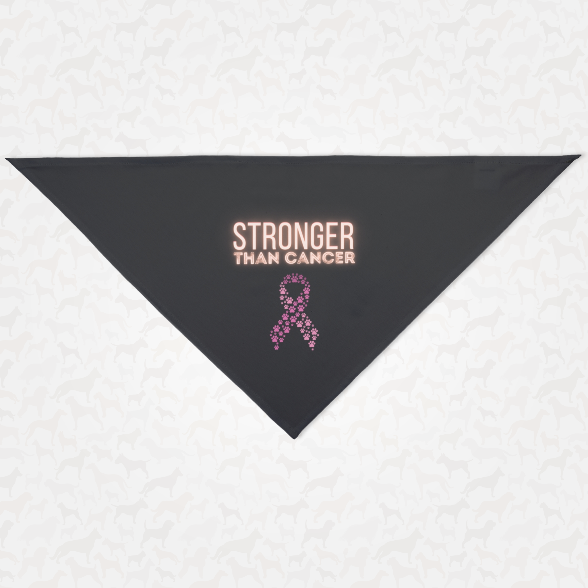 Cancer awareness dog bandana with "Stronger Than Cancer" quote and ribbon graphic made from paws.