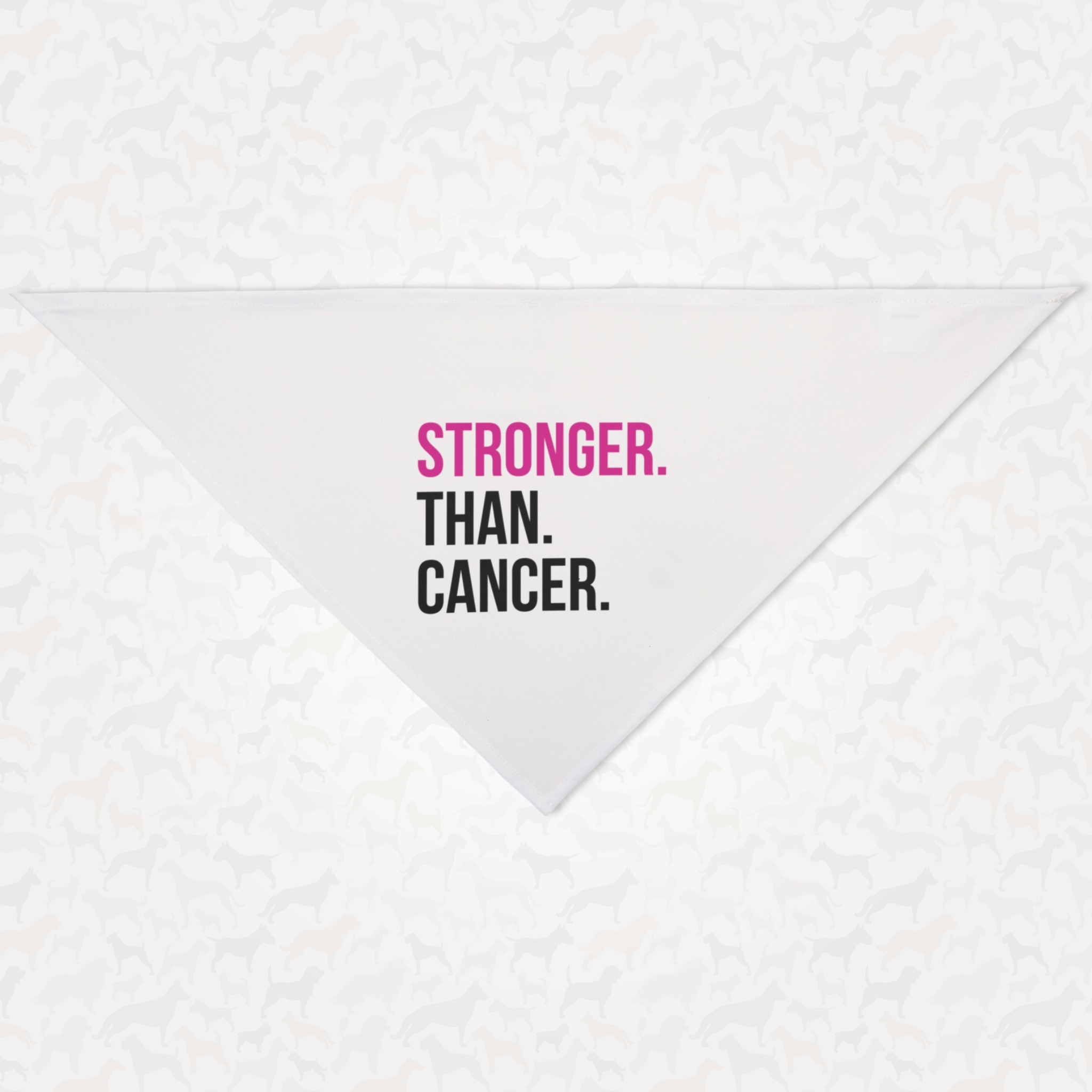 Cancer awareness dog bandana saying "Stronger Than Cancer" with the word "Stronger" in pink.