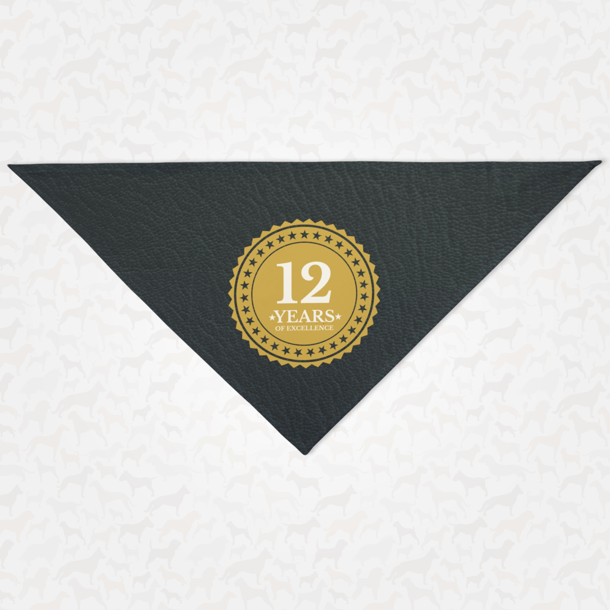 Personalized age birthday dog bandana featuring custom "Years of Excellence" badge.