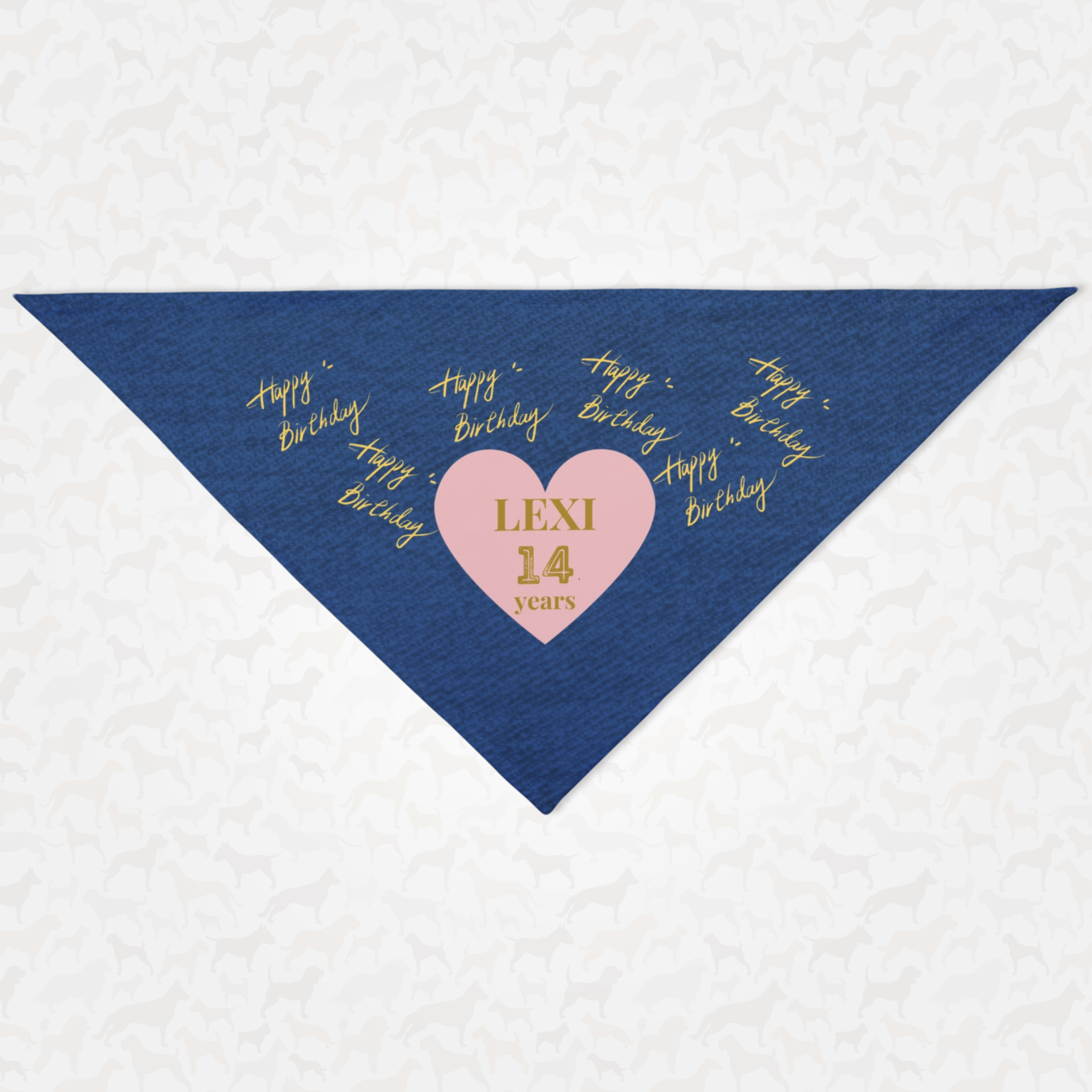 Custom name and age personalized birthday dog bandana featuring denim print effect and pink heart graphic.