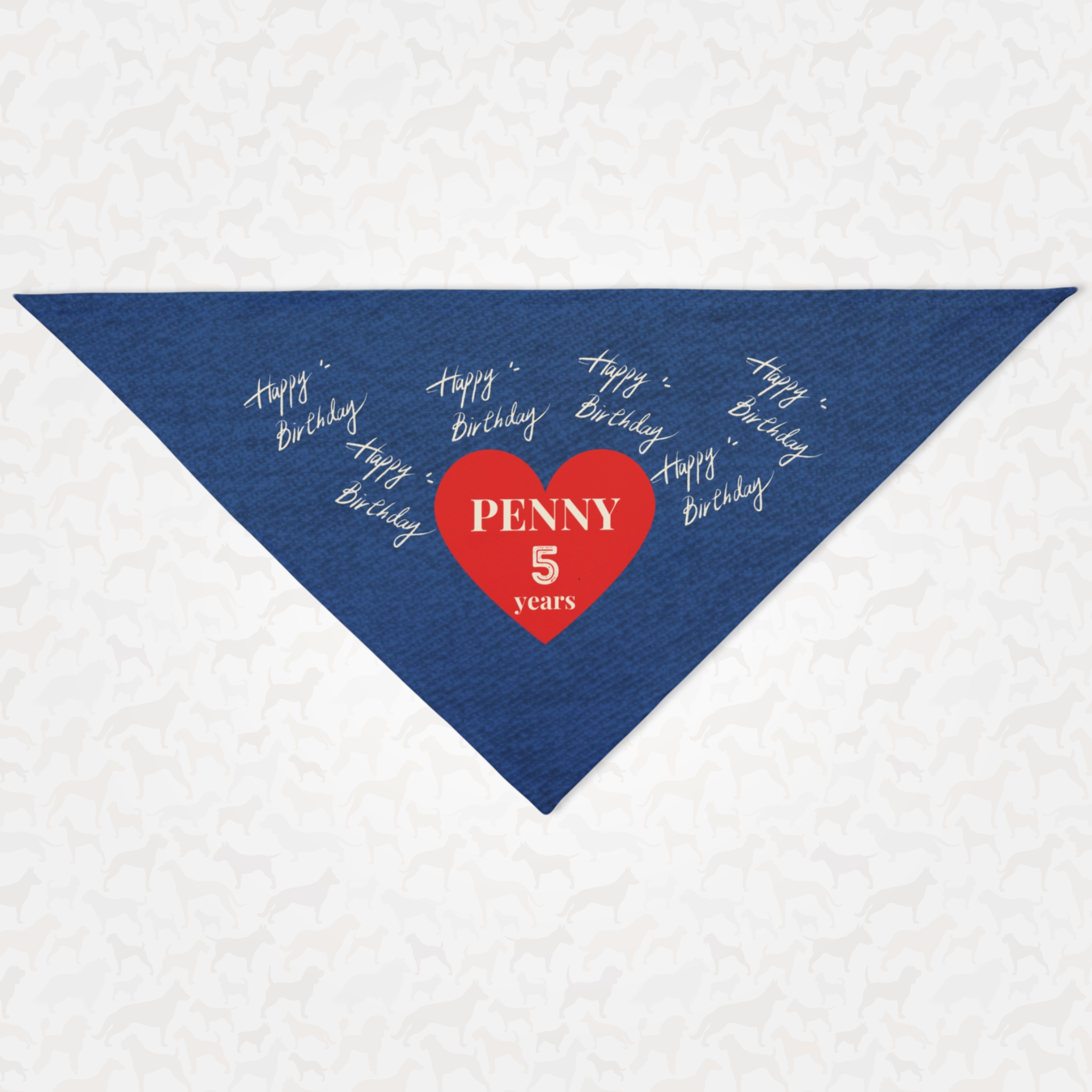 Custom name and age personalized birthday dog bandana featuring denim print effect and red heart graphic.