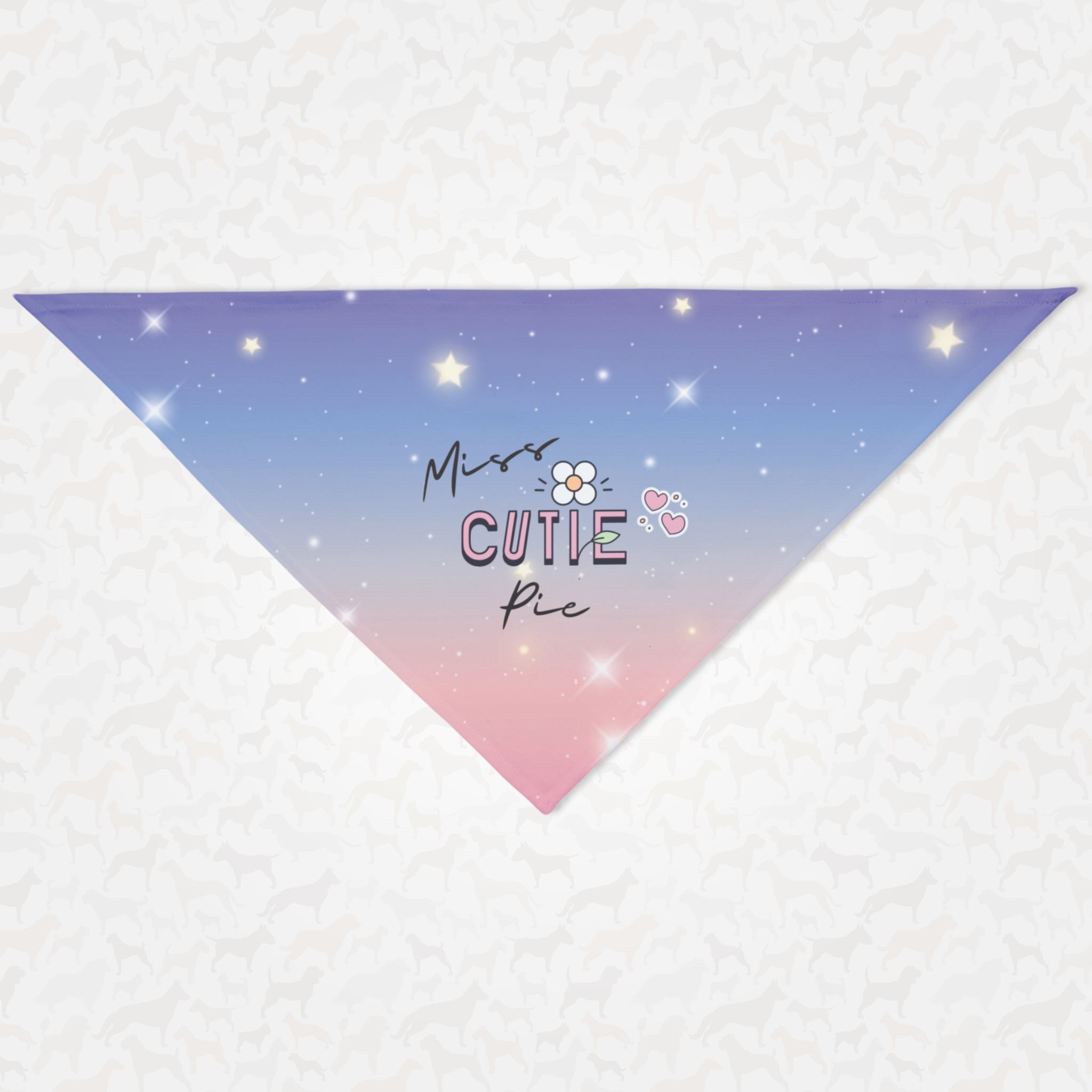 Cute blue and pink dog bandana saying Miss Cutie Pie.