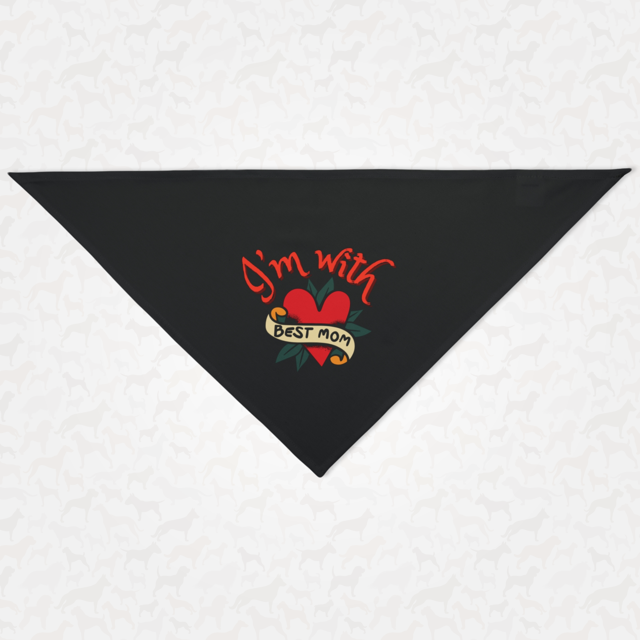 Cute dog bandana featuring heart tattoo graphic saying I'm With Best Mom.