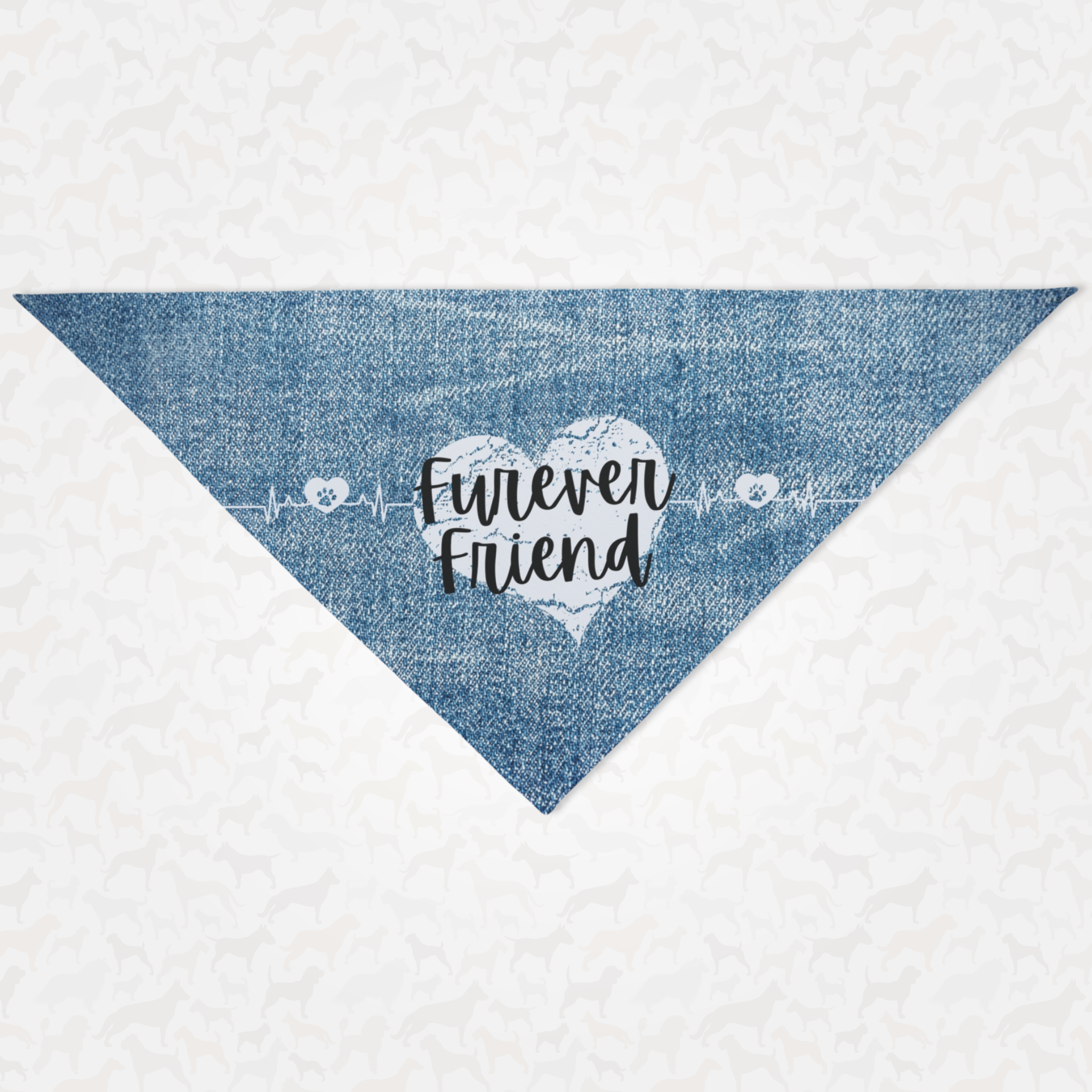 Cute dog bandana featuring heartbeat graphic and denim style print with "Furever Friend" pun quote.