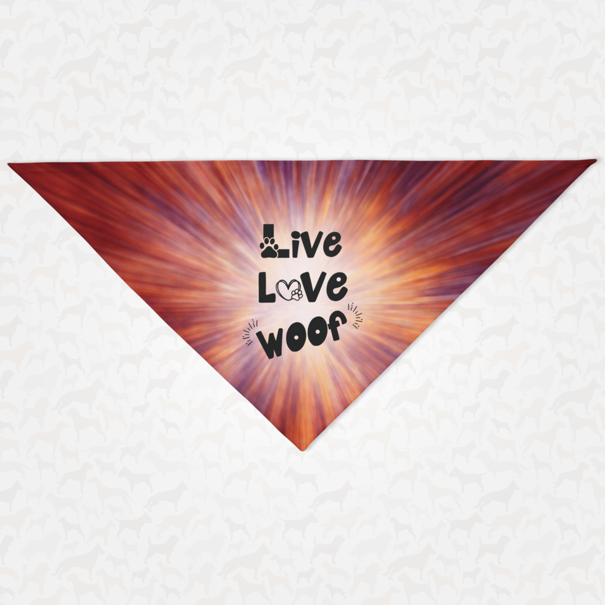 Cute dog bandana with colorful background print saying Live Love Woof.